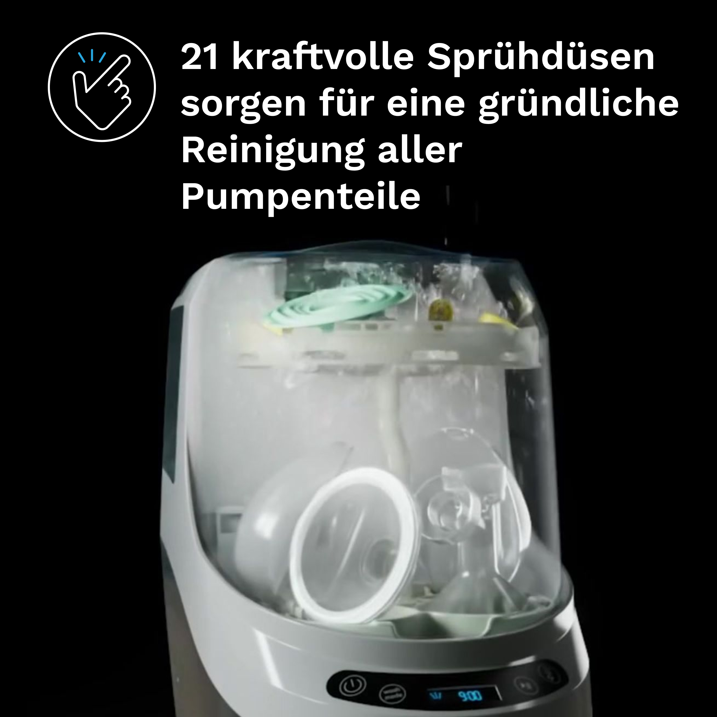 Ein Gerät mit Sprühdüsen reinigt Pumpenteile in einem transparenten Behälter.