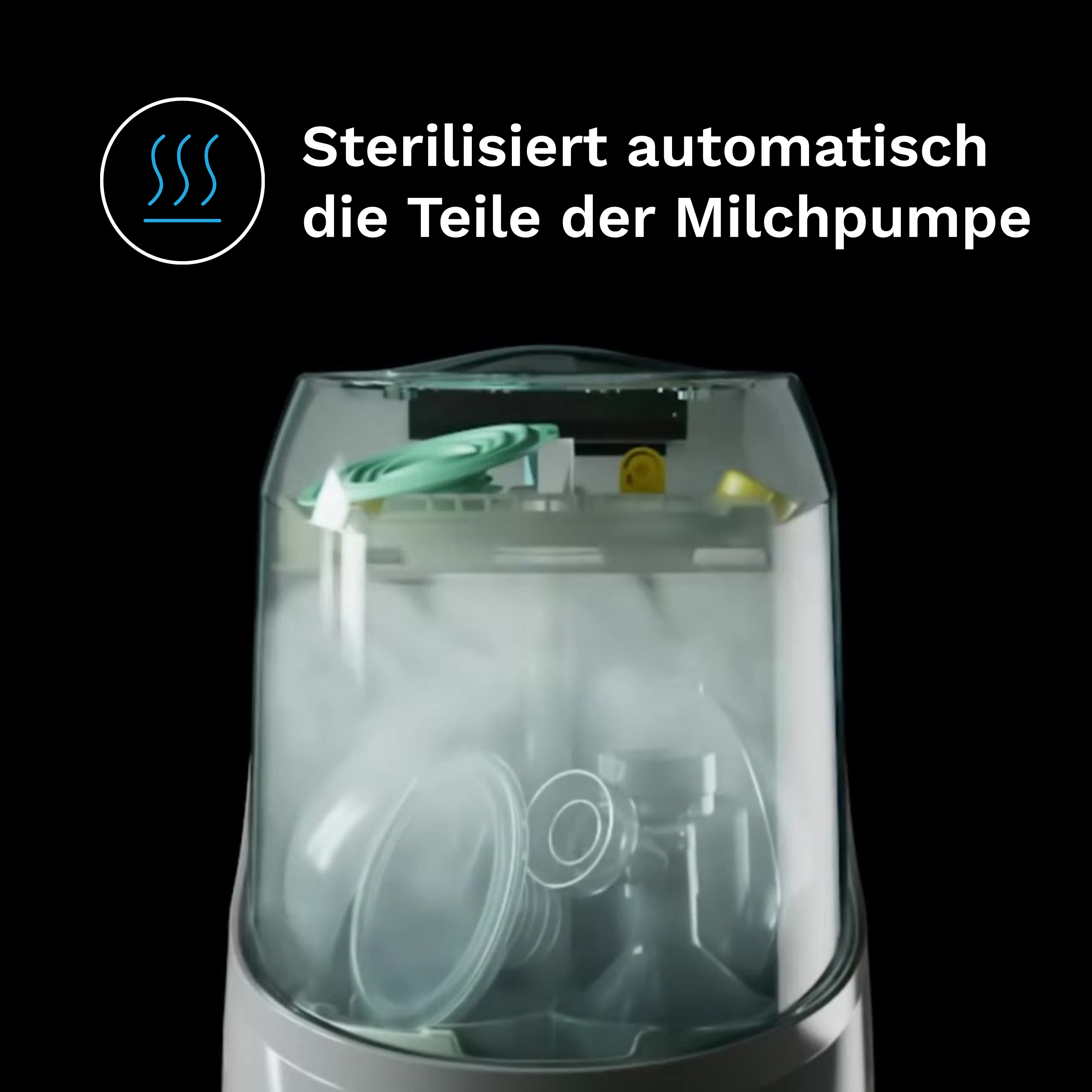 Ein Sterilisator für Milchpumpenteile mit Dampf.