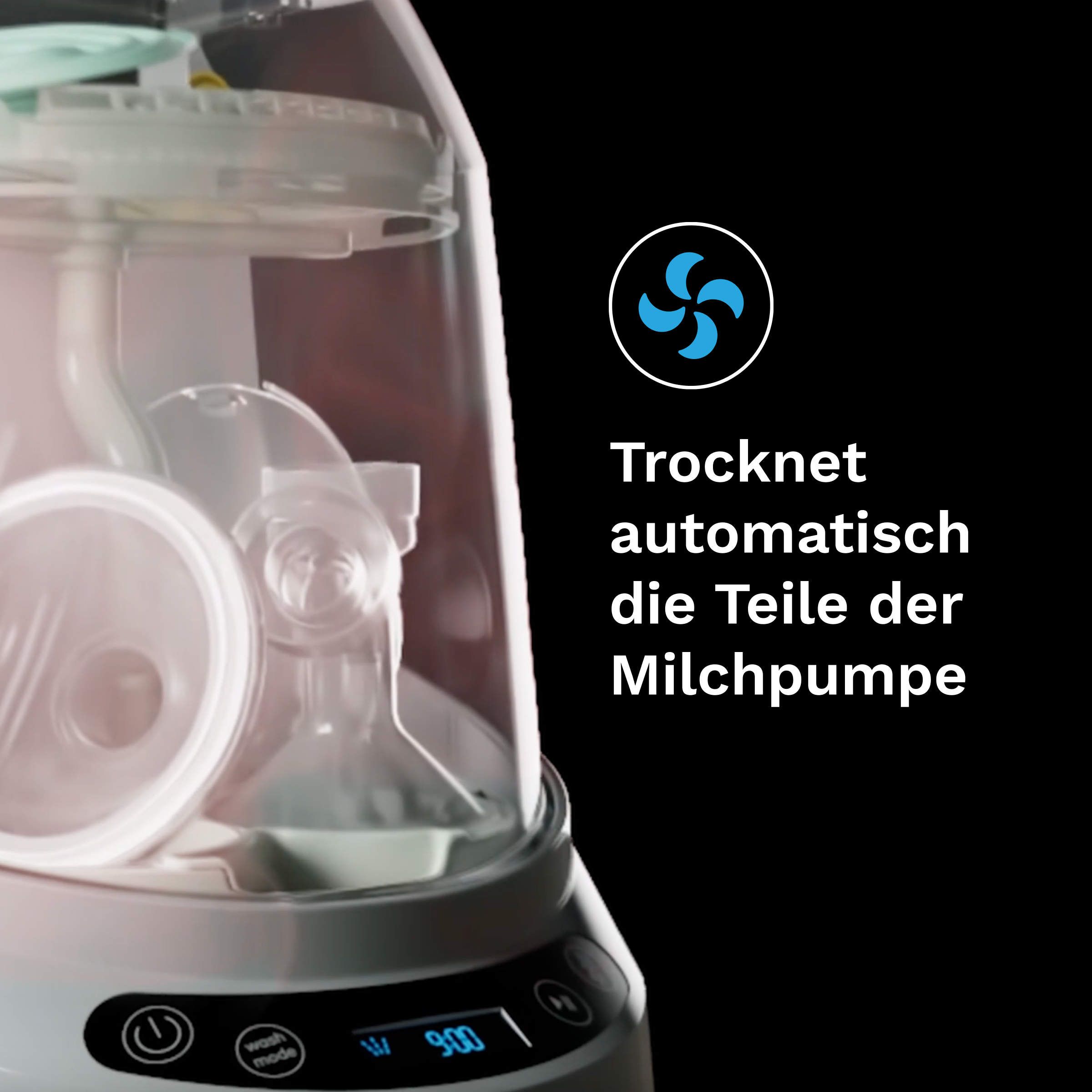 Ein Sterilisator für Milchpumpenteile mit einer blauen Lüftergrafik und Text.