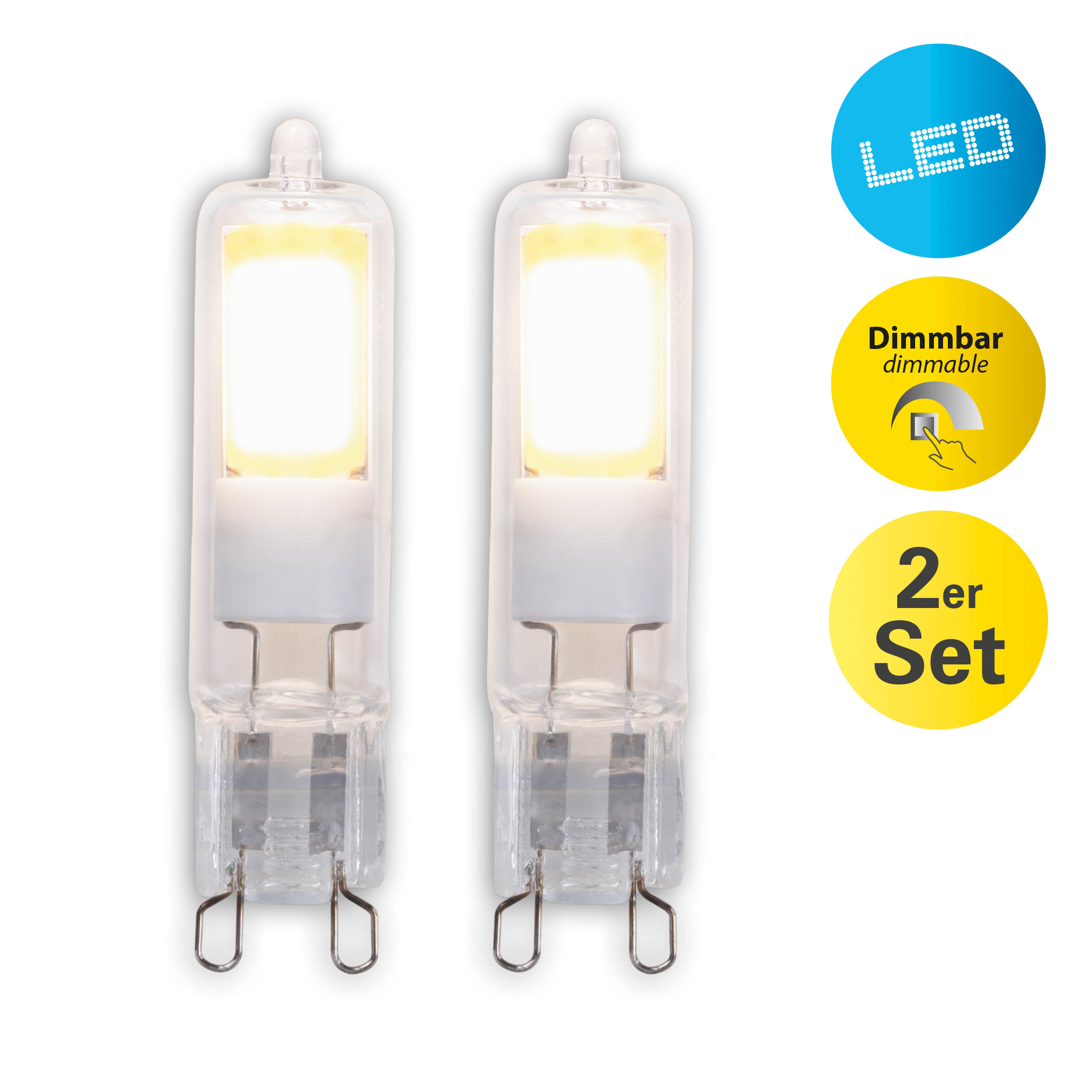 Zwei G4 LED-Lampen, dimmbar, mit G4-Sockel und zwei gelben Kreisen.