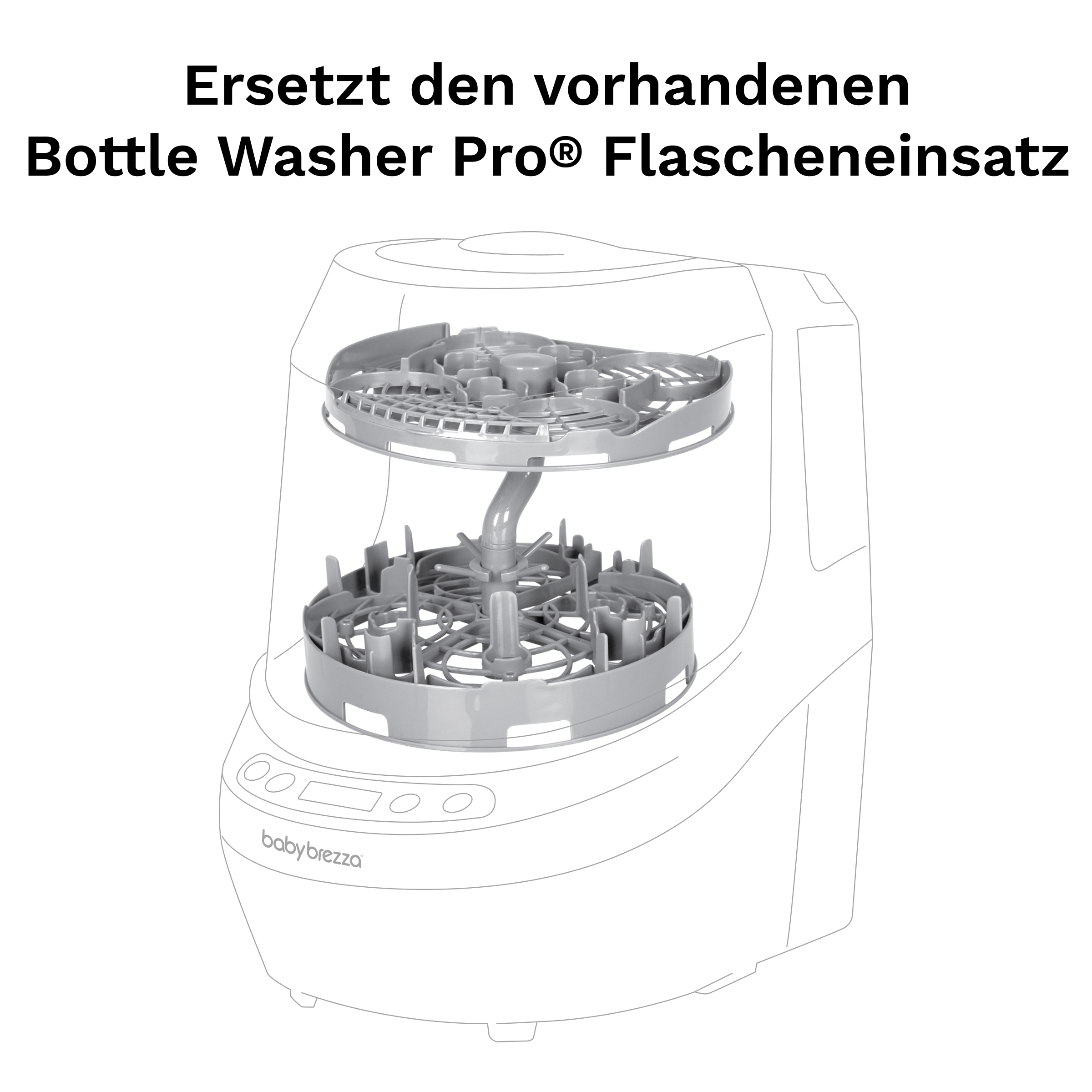 Grauer Flaschenwaschereinsatz mit zwei Ebenen für Babyflaschen, Babybrezza Logo.