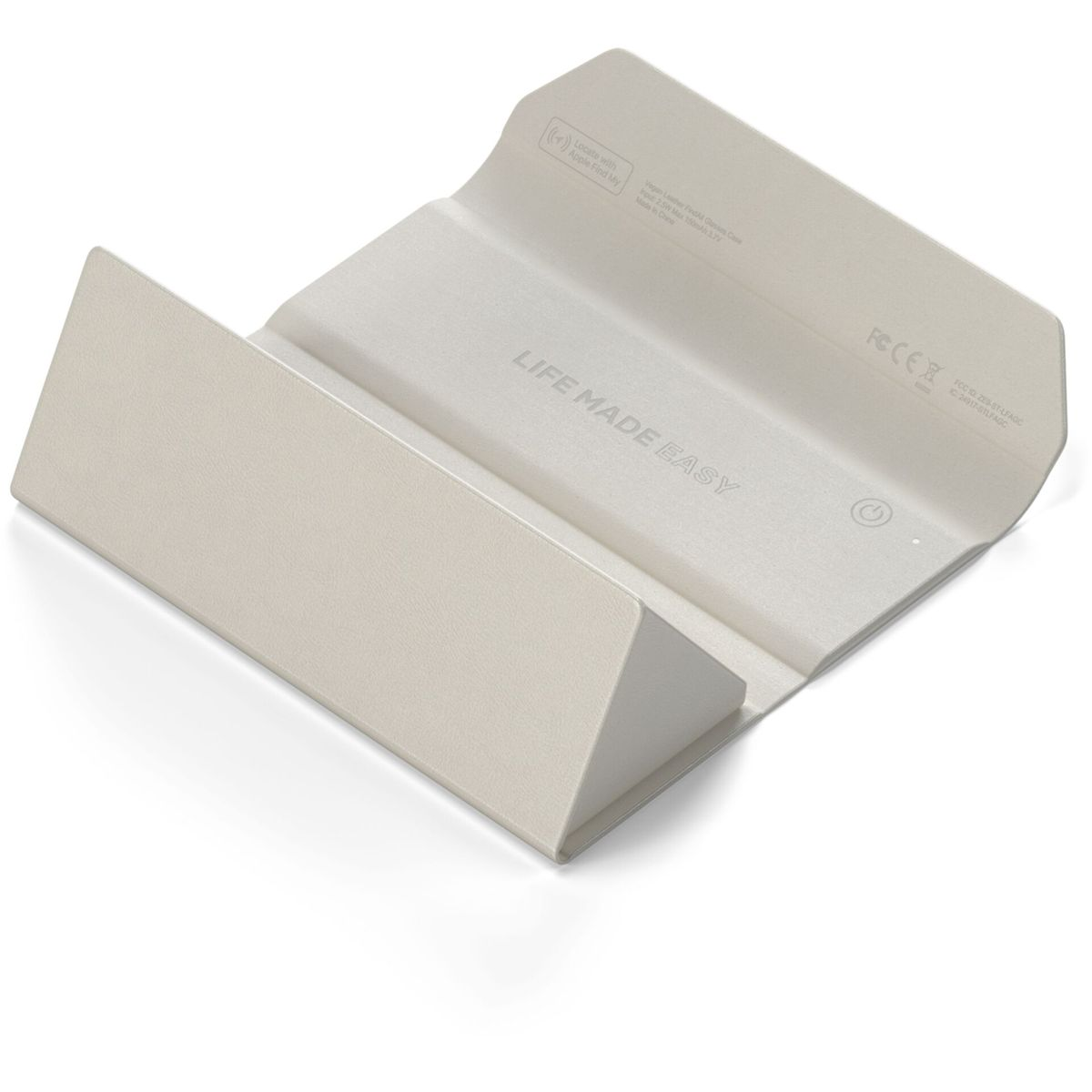 Una custodia pieghevole beige chiaro con testo e logo FCC.