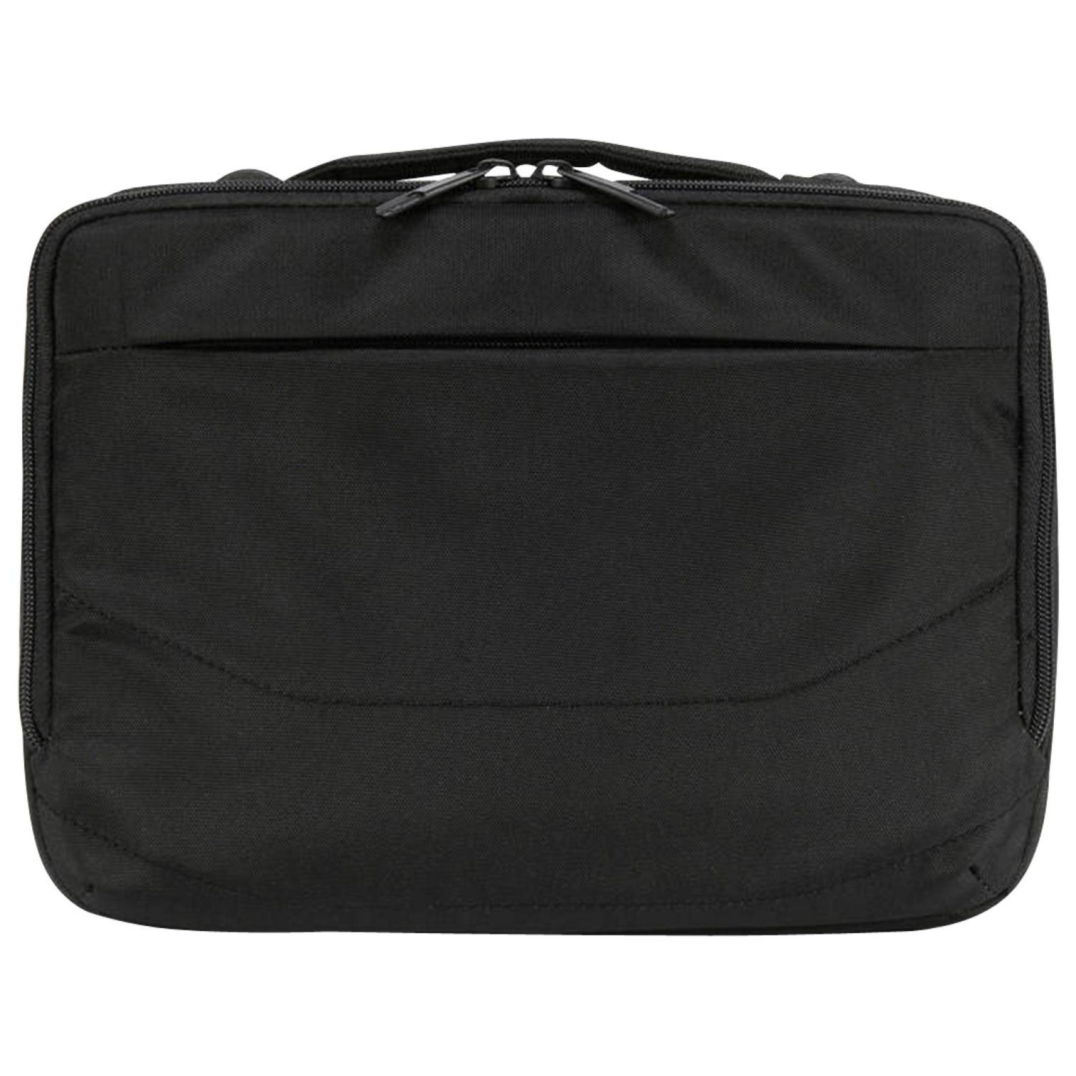 Schwarze Tasche mit Reißverschluss und Tragegriff.