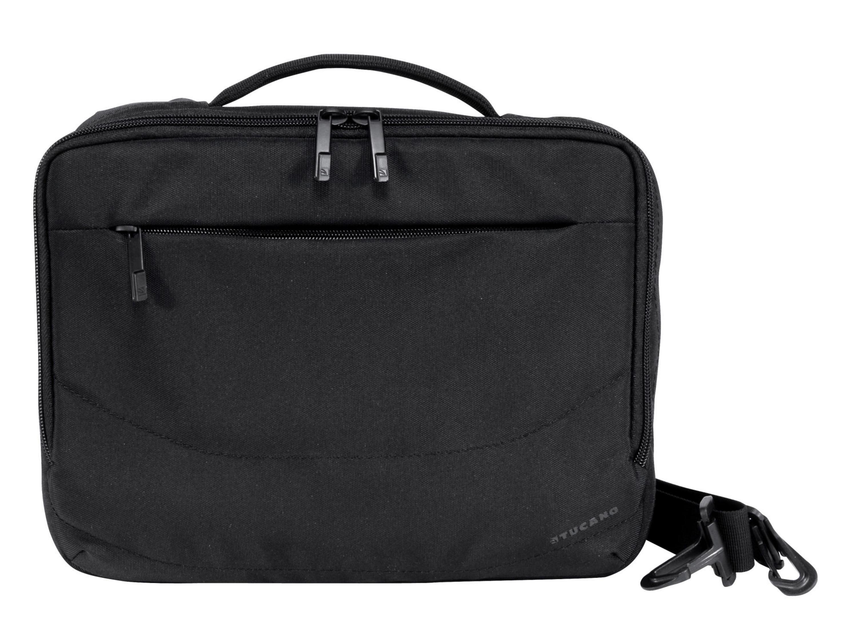 Schwarze Tasche mit Griff und Reißverschlusstasche, mit Logo.
