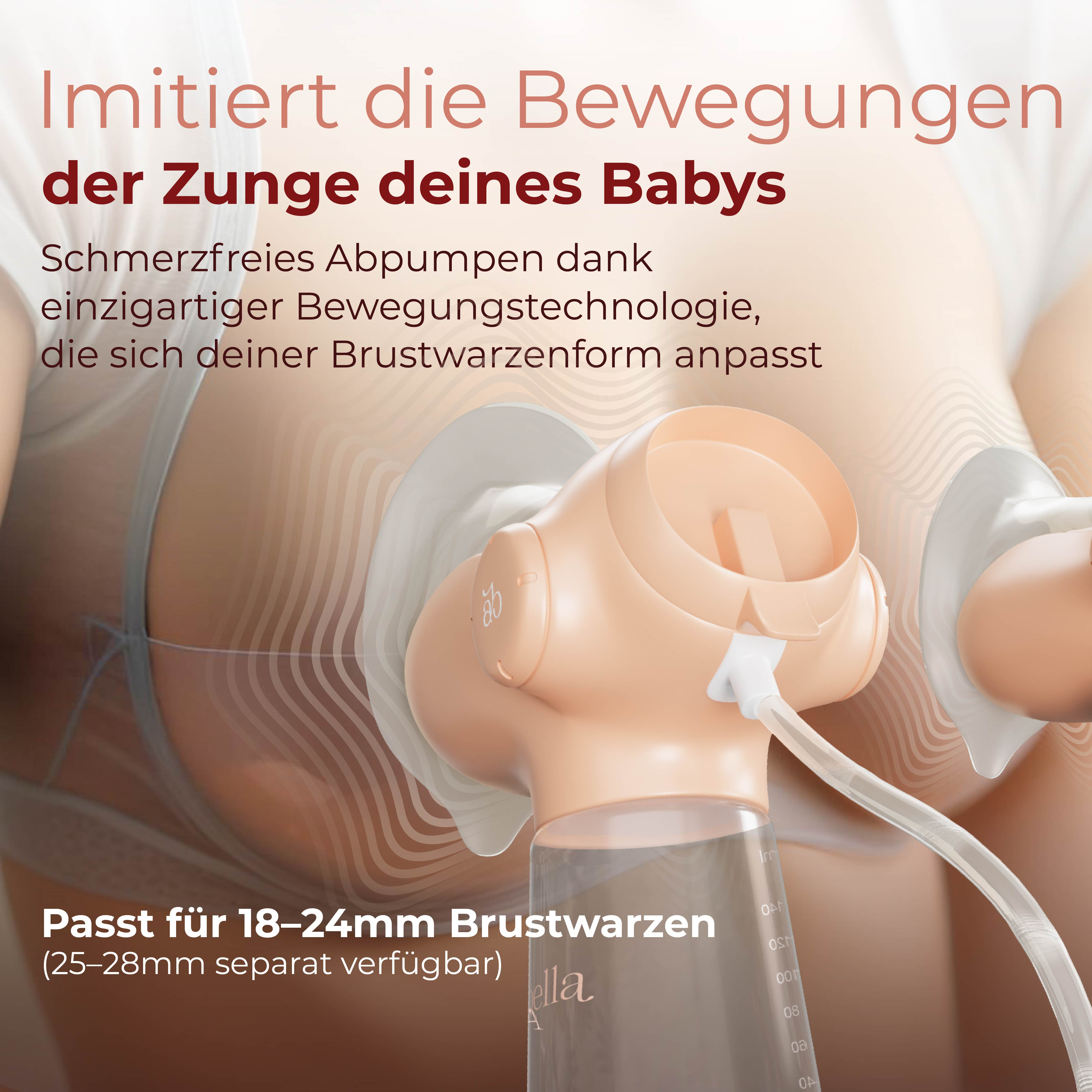 Ein Milchpumpen-Set in Pfirsichtönen mit Text, das die Brustwarzenform imitiert.