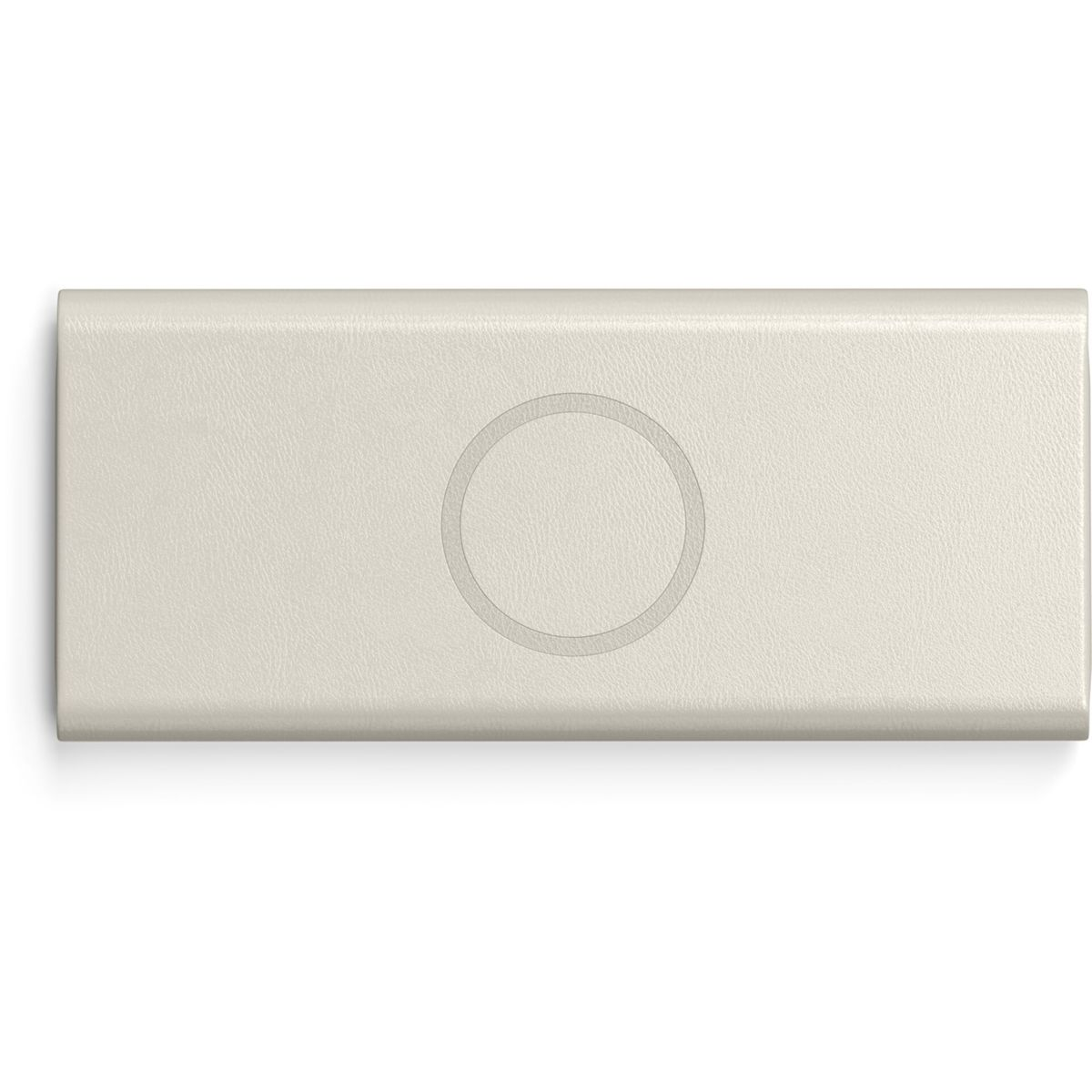Un oggetto rettangolare color crema con un motivo circolare al centro.
