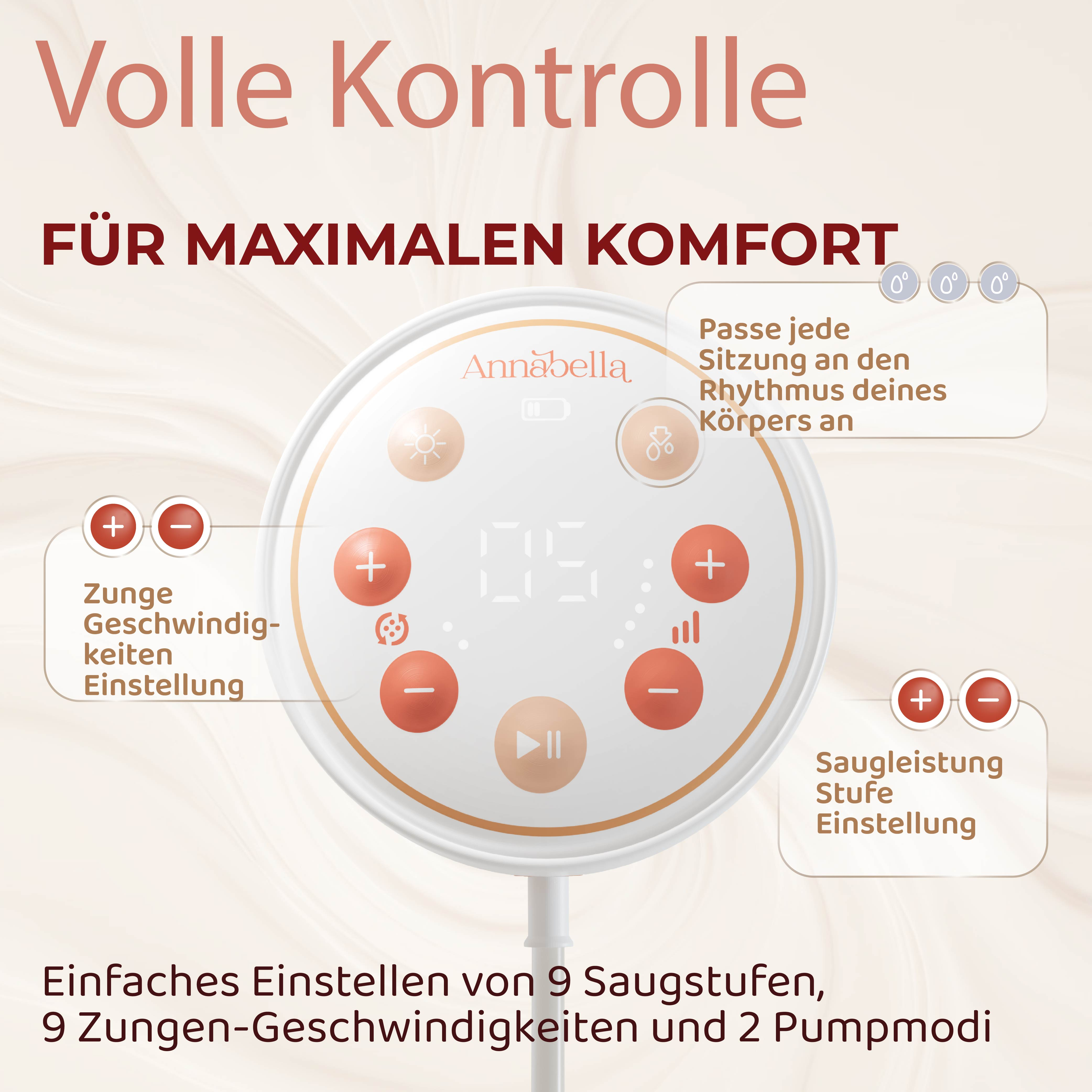 Weißes Milchpumpen-Display mit orangefarbenen Tasten und Symbolen.