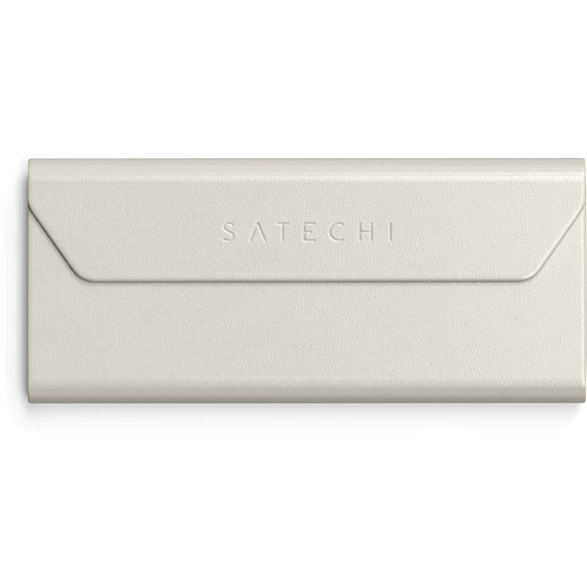 Una custodia color crema con il logo SATECHI al centro.
