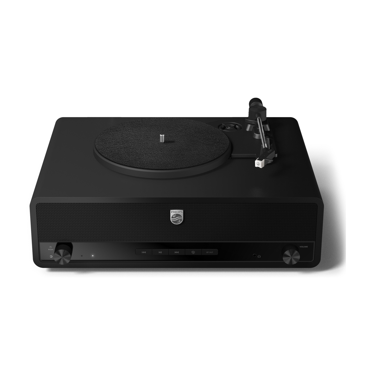 Gümüş tonearm ve siyah plaklı siyah pikap.
