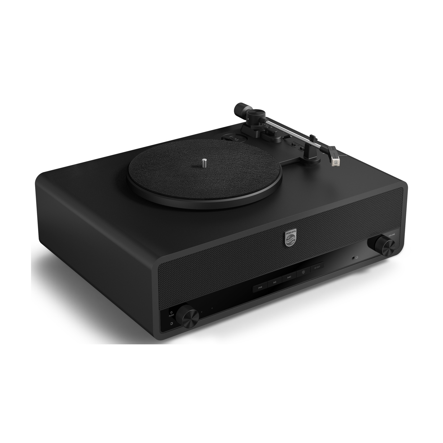 Beyaz arka plan üzerinde tonearm ve Philips logosuna sahip siyah pikap.