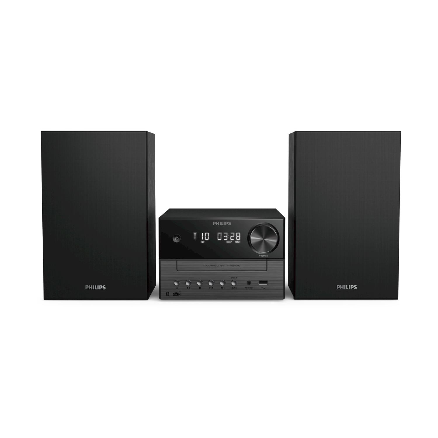 Schwarzes Philips Micro-Musiksystem mit zwei Lautsprechern, weißer Hintergrund.