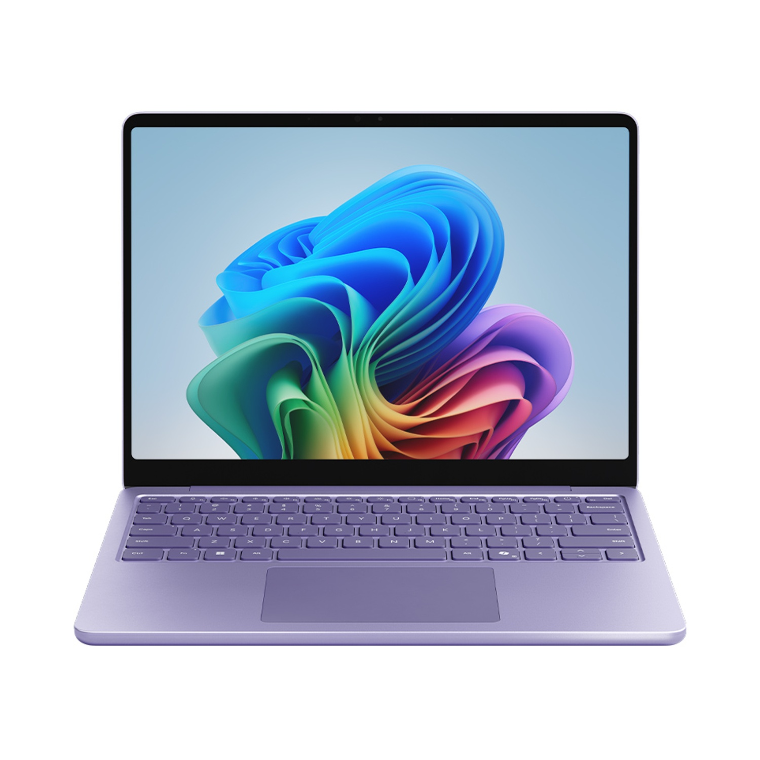Un laptop viola con uno sfondo astratto e colorato sullo schermo.