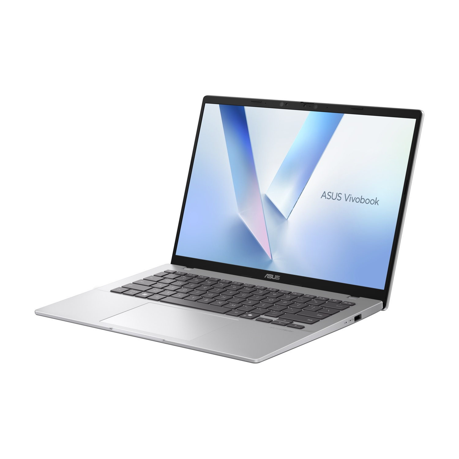 Un laptop ASUS Vivobook argentato con schermo e tastiera luminosi.