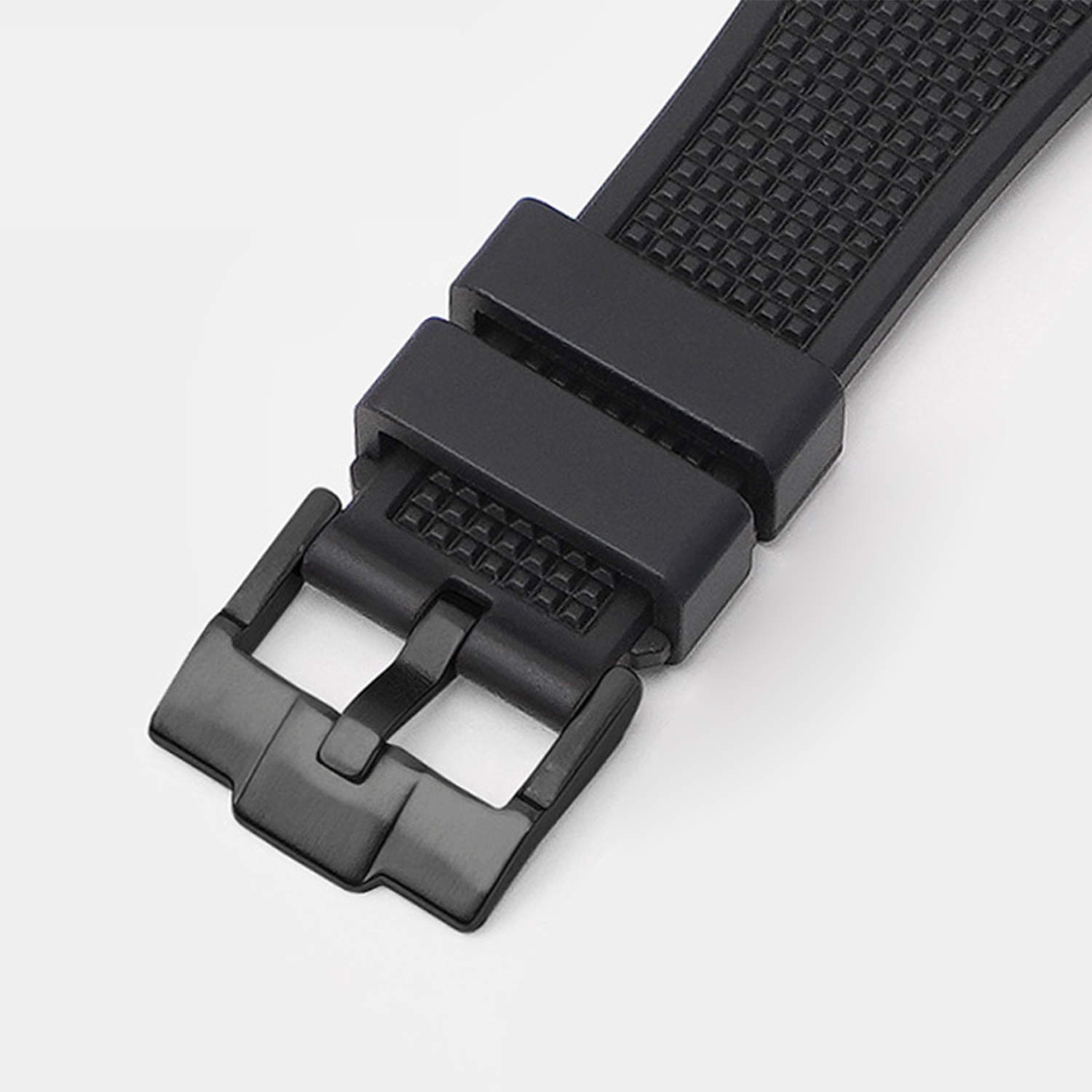 Czarny pasek do zegarka z teksturowanym paskiem na białym tle.