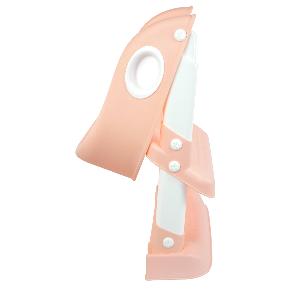 Un taburete rosa y blanco para niños pequeños con dos escalones y asa.