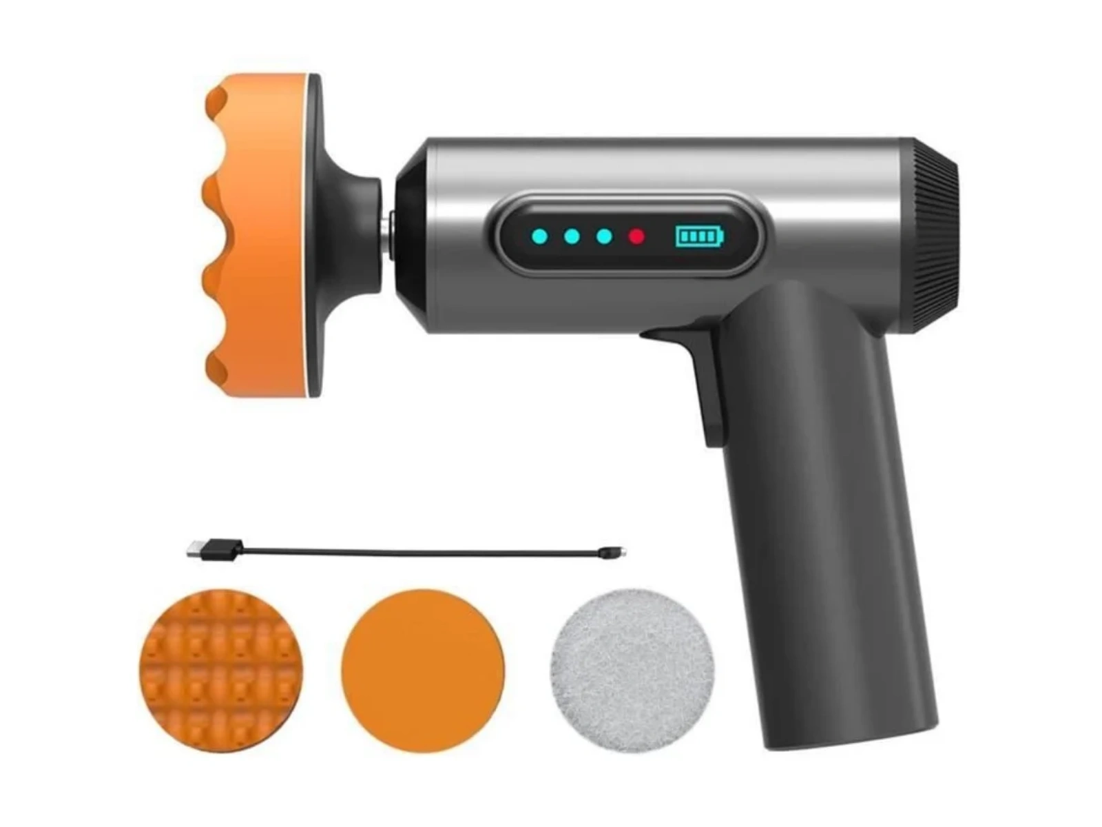Ein poliergerät mit orangefarbenem Aufsatz und Ladezubehör.