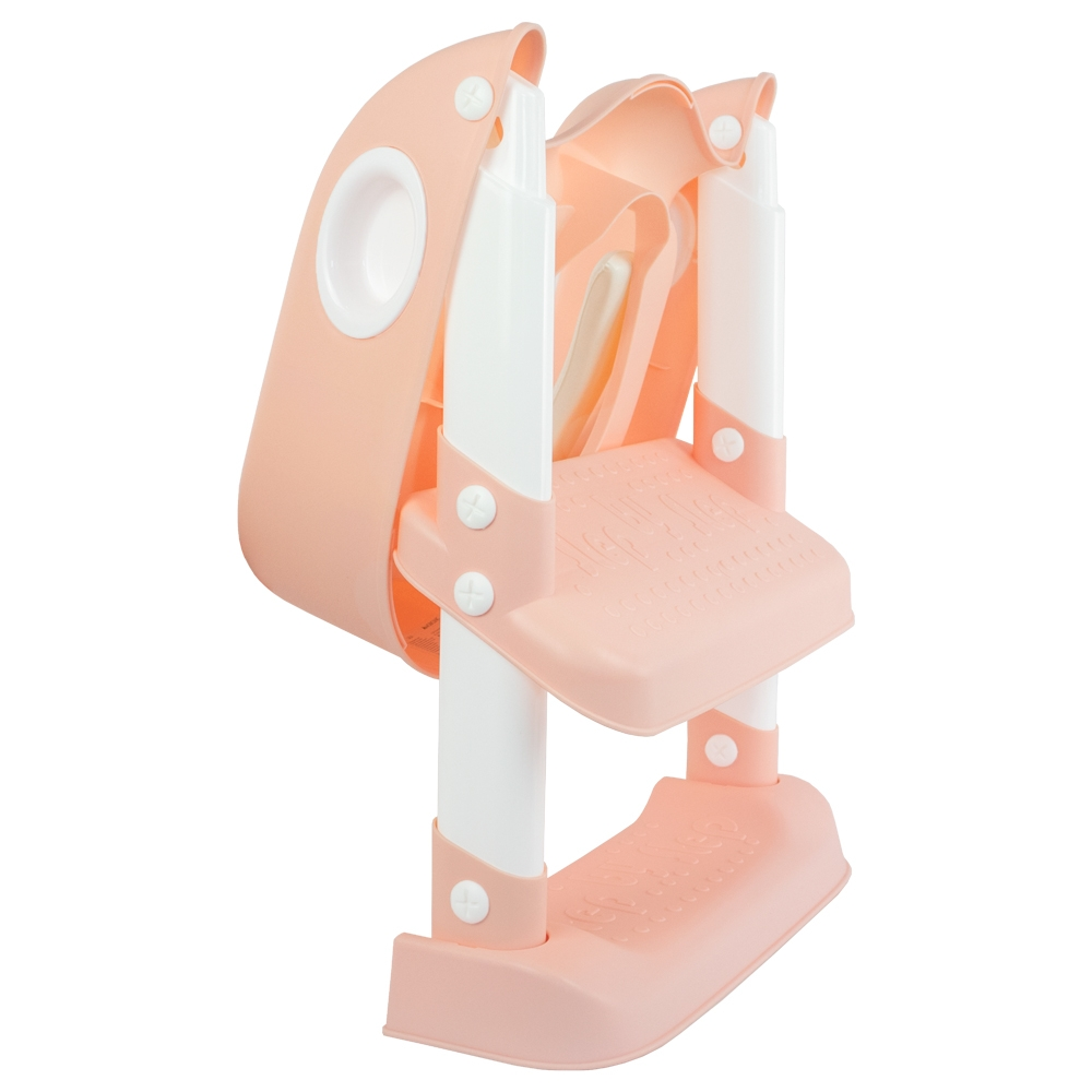 Un taburete escalonado infantil ajustable, melocotón y blanco, con respaldo y asiento.