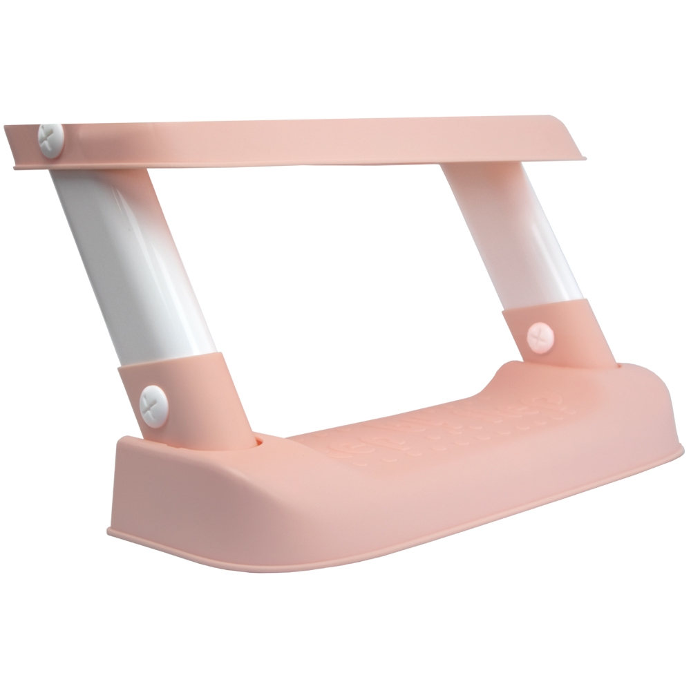 Un soporte ajustable rosa con soportes y tornillos blancos.