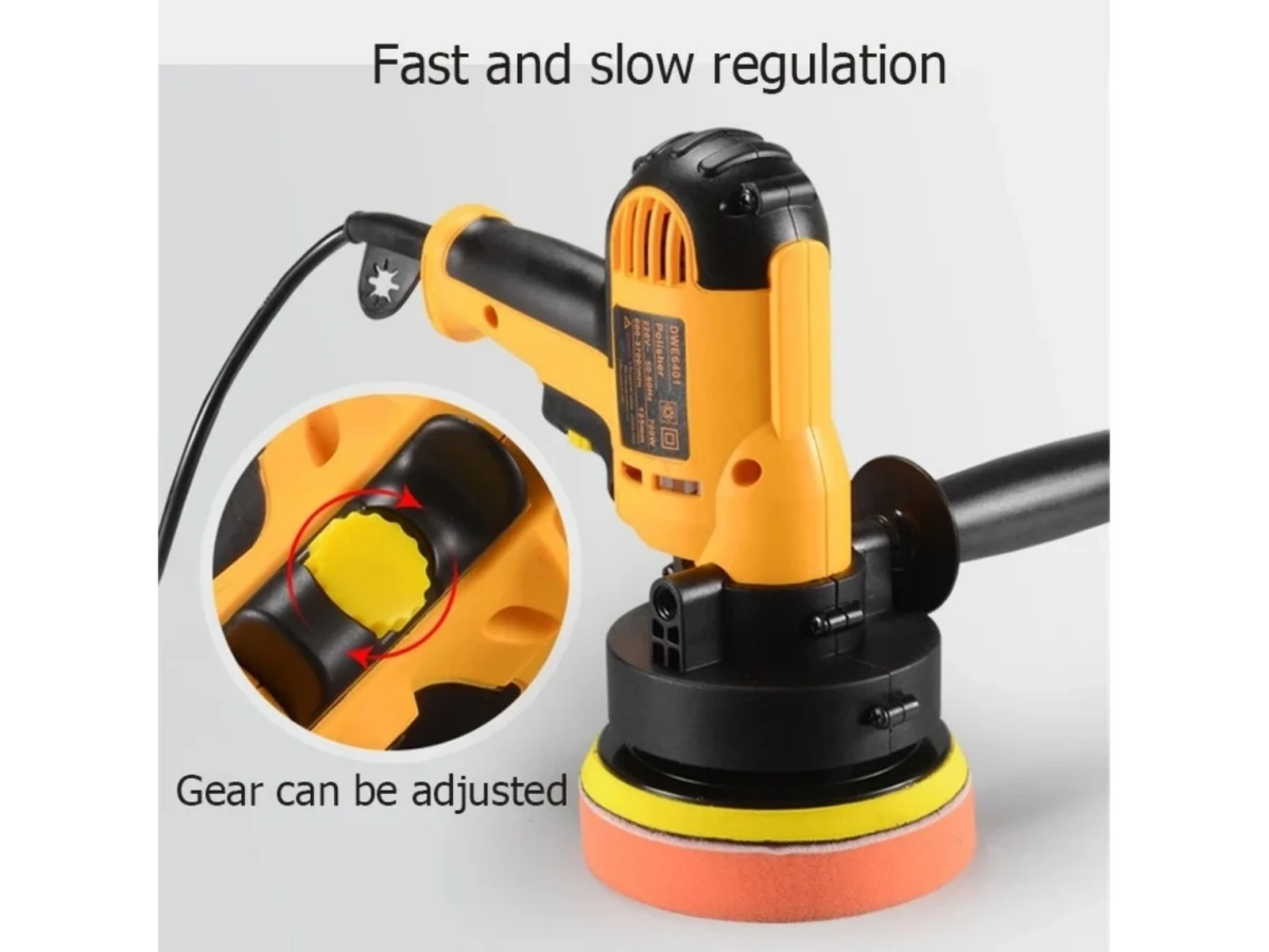Ein gelber und schwarzer Poliermaschine mit zwei Pads: gelb und orange.