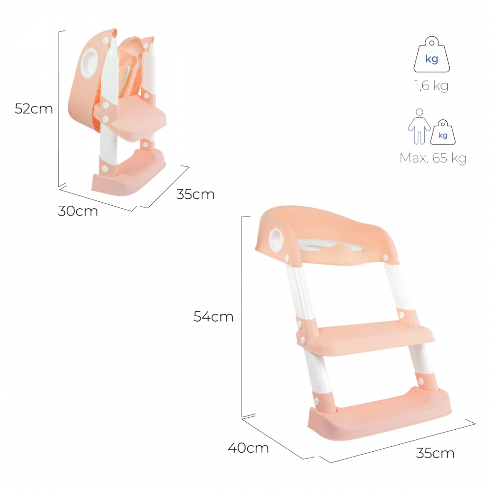 Un taburete escalonado rosa para niños con dos peldaños y asas. Se muestran las dimensiones.