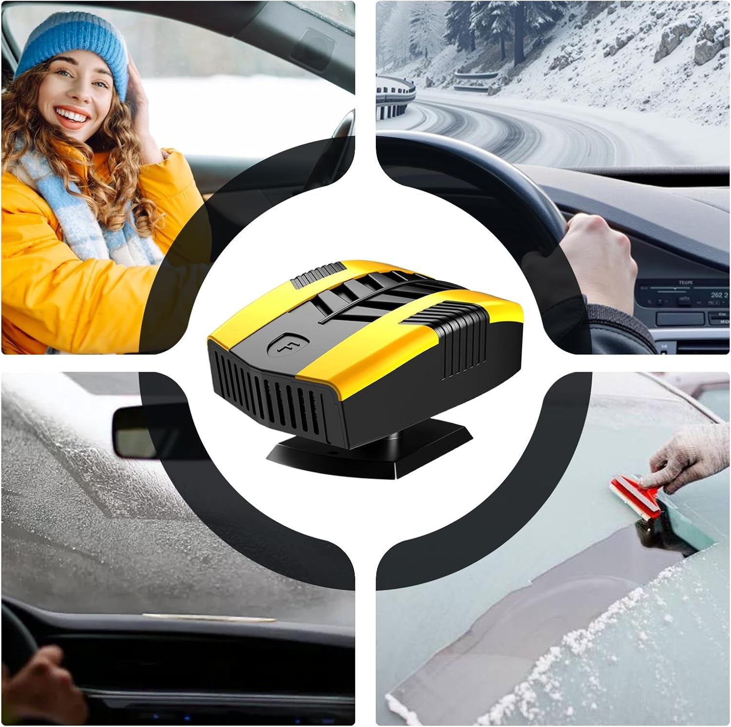 Ein Auto-Heizlüfter mit gelb-schwarzem Gehäuse, Fahrer im Schnee, vereiste Scheiben.