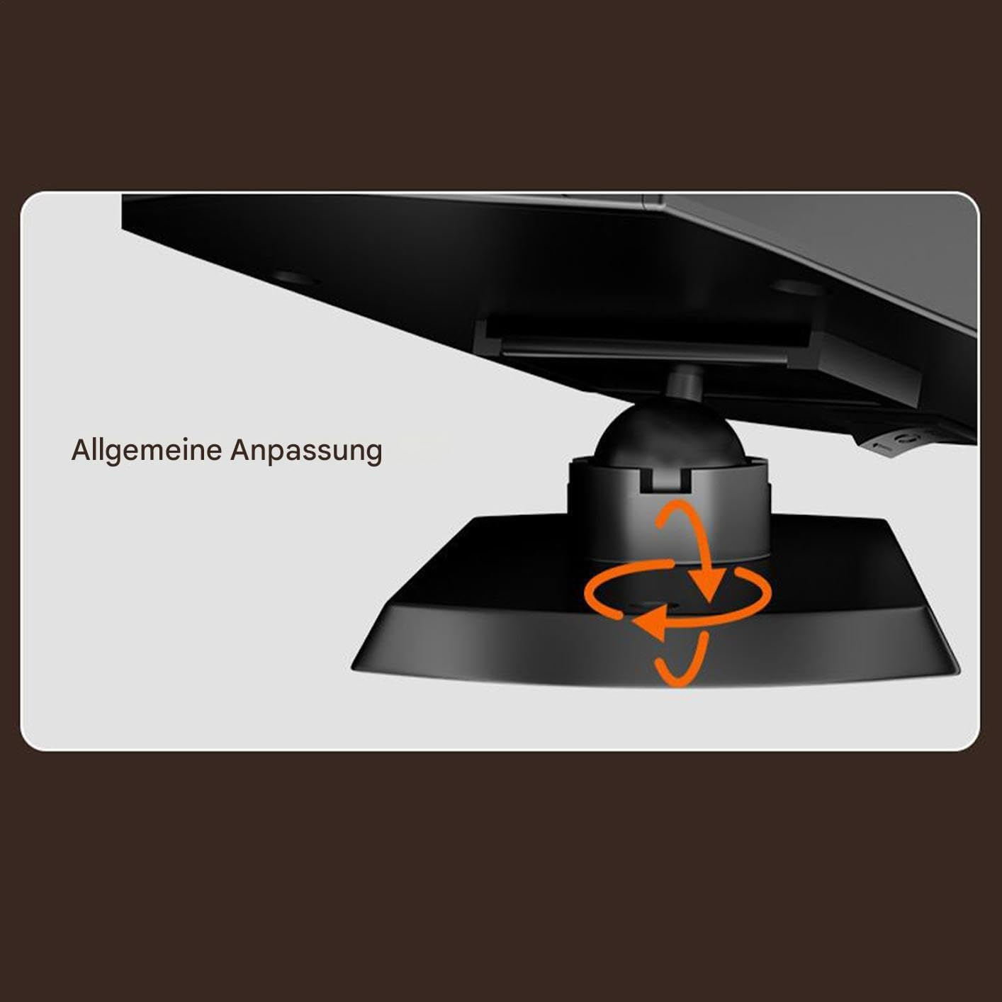 Schwarz verstellbarer Monitorfuß mit Drehsymbol.