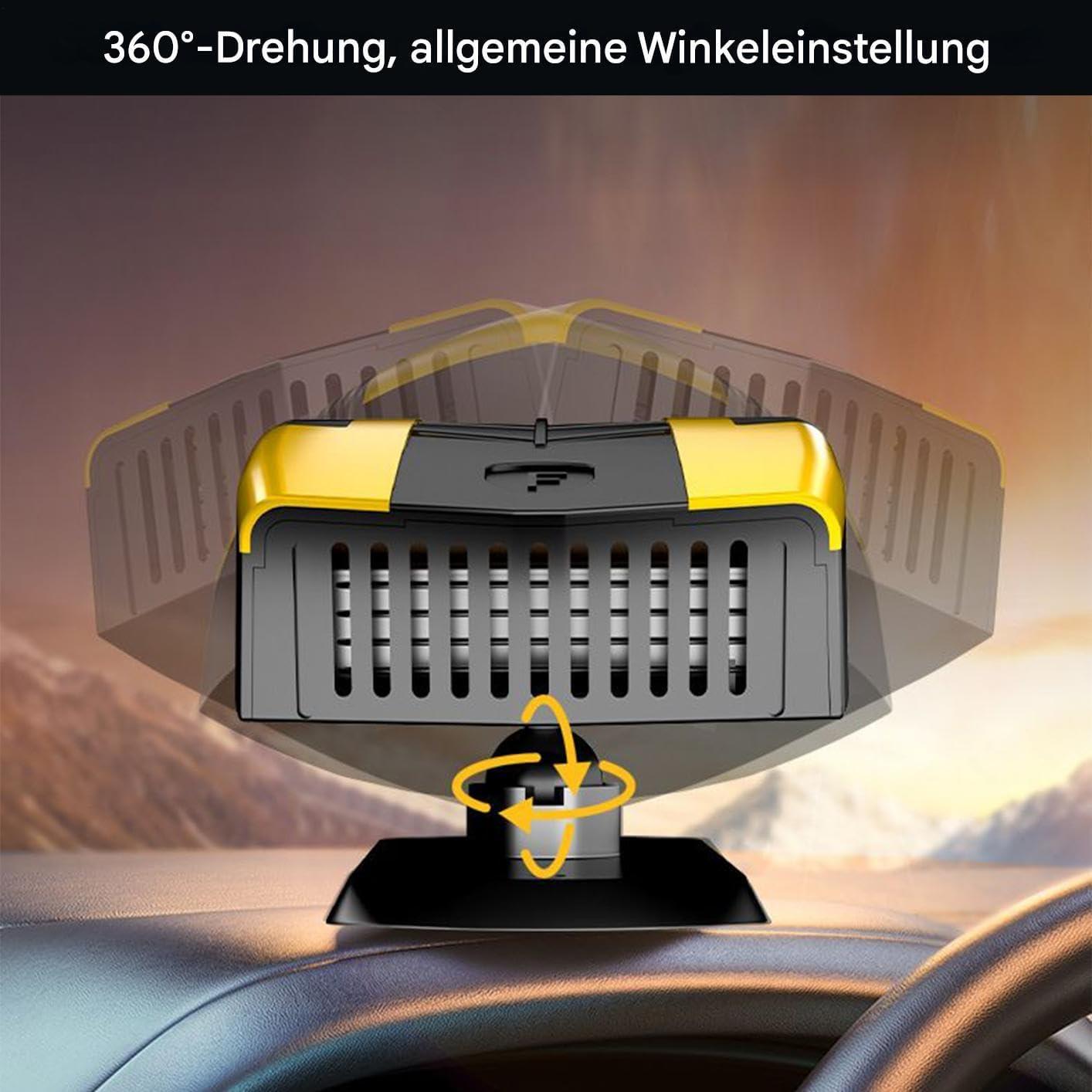 Gelbe und schwarze Lüfterhalterung mit 360-Grad-Drehfunktion auf dem Armaturenbrett.