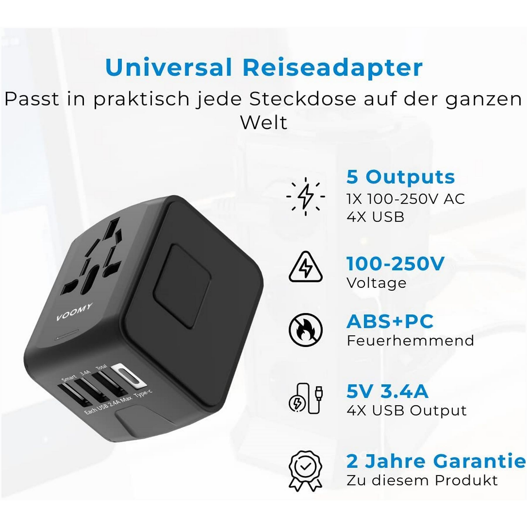 Ein schwarzer Voomy Reiseadapter mit mehreren Steckplätzen und USB-Anschlüssen.