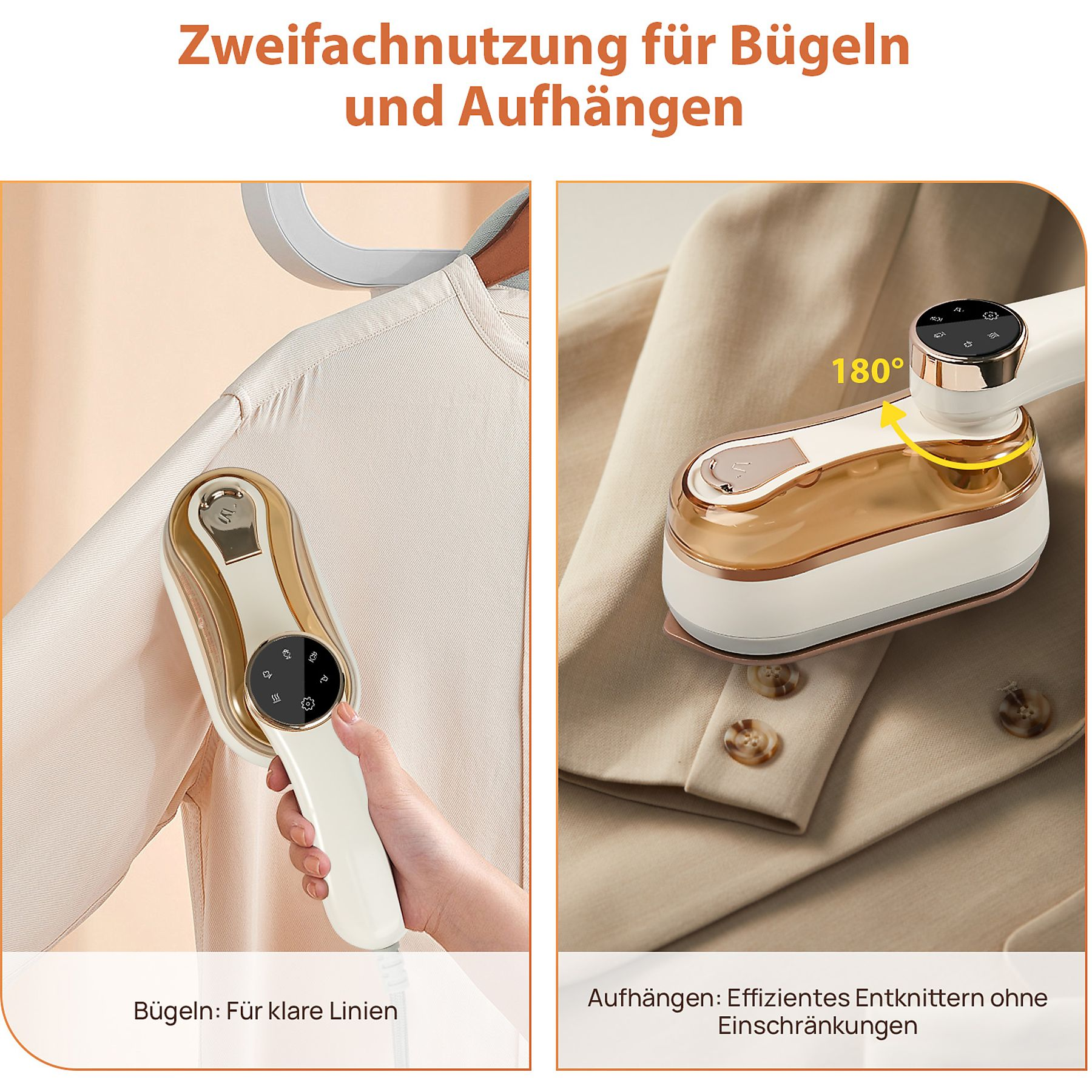 Ein Hand-Dampfbügler wird gezeigt, der zum Bügeln und Aufhängen von Kleidung verwendet wird.