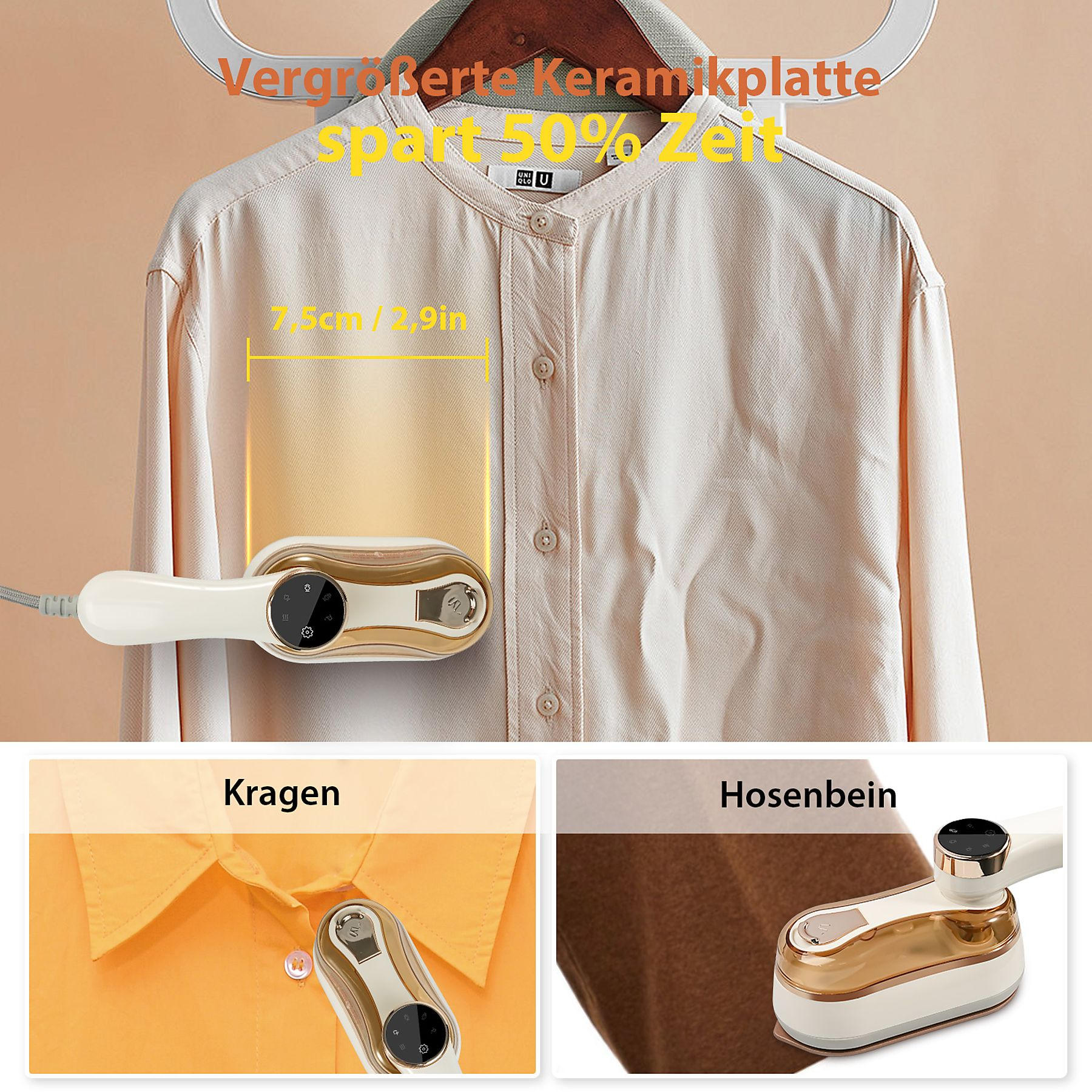 Dampfbügeleisen mit großer Keramikplatte, das auf Kleidung angewendet wird.