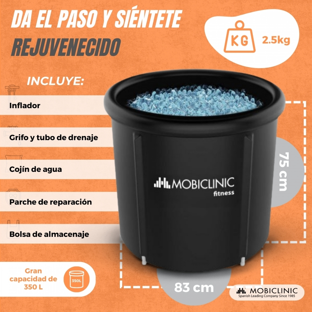 Bañera negra con cubitos de hielo azules. Dimensiones 83x75cm. Marca MOBICLINIC.