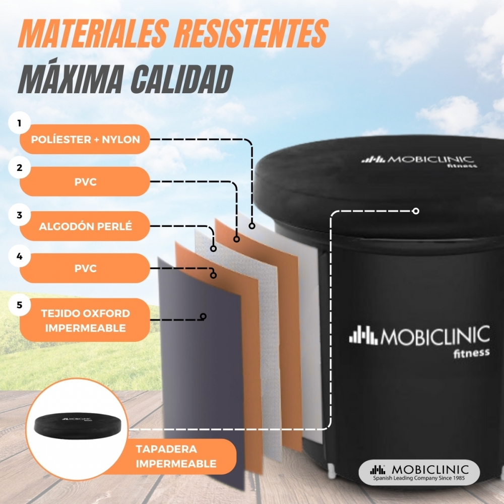 Gráfico muestra materiales y capas de un producto Mobiclinic negro.