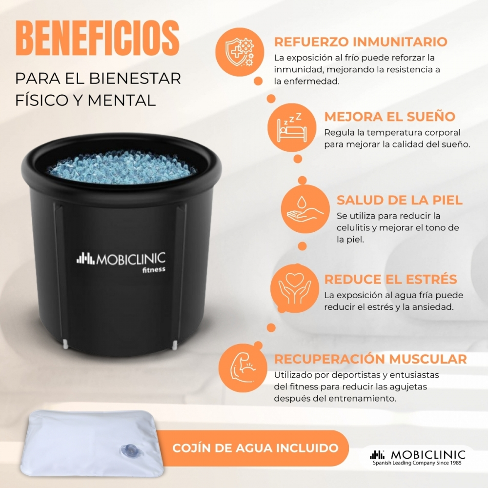 Tina negra con agua helada, promoviendo beneficios para el bienestar.