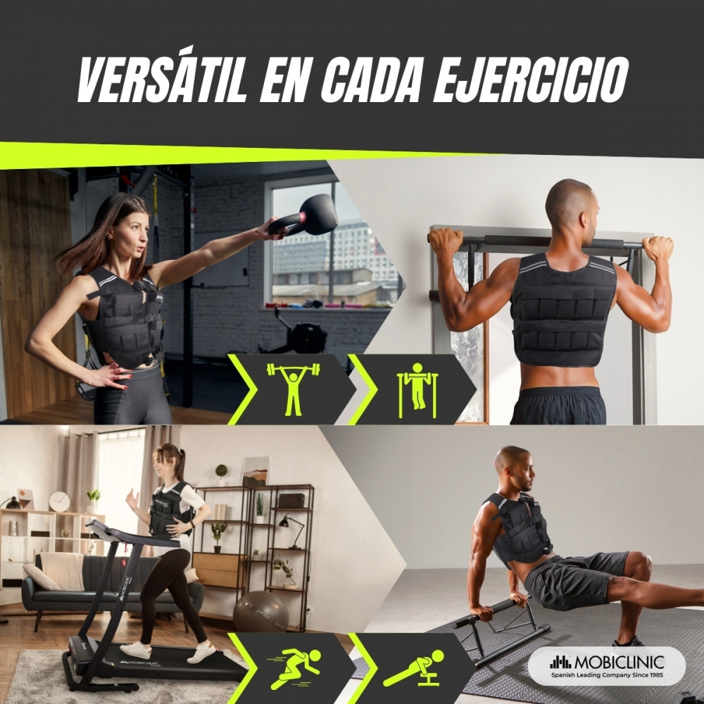 Cuatro personas llevan chalecos con peso: mujer levanta pesa, hombre hace dominadas, mujer corre, hombre hace fondos.