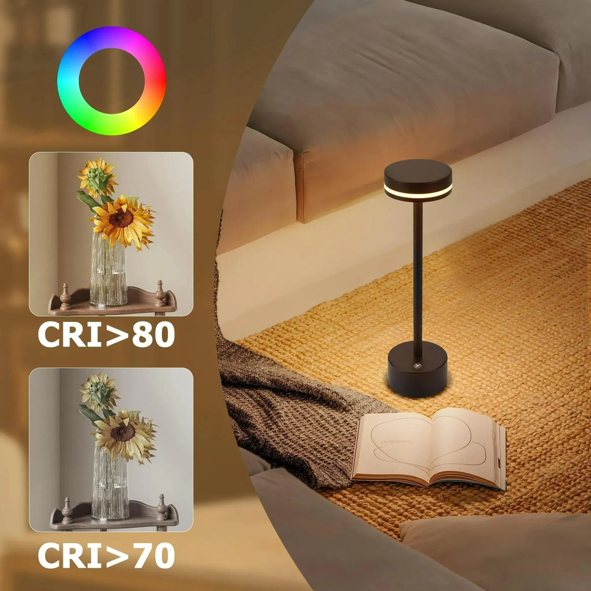 Moderne Lampe auf Teppich neben offenem Buch und Sofa. Muster zeigen Sonnenblumen.