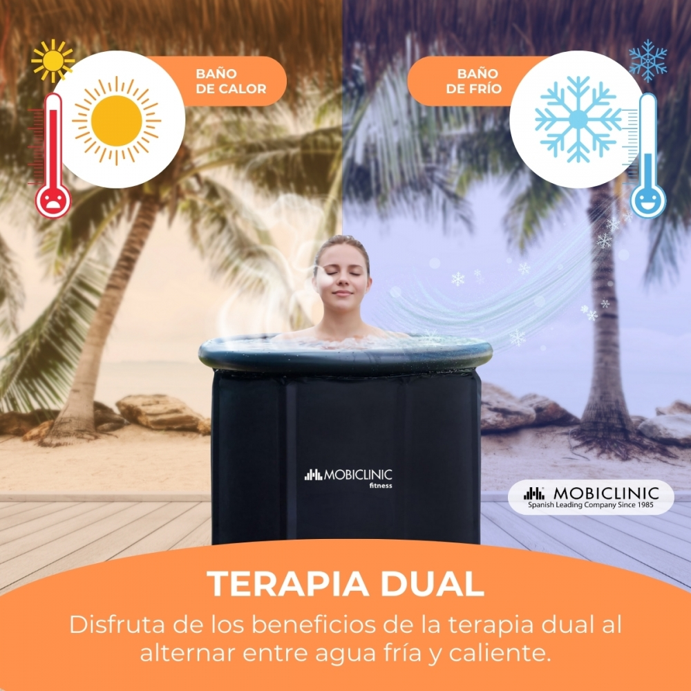 Mujer en bañera, baño caliente izq., baño frío der., palmeras fondo.