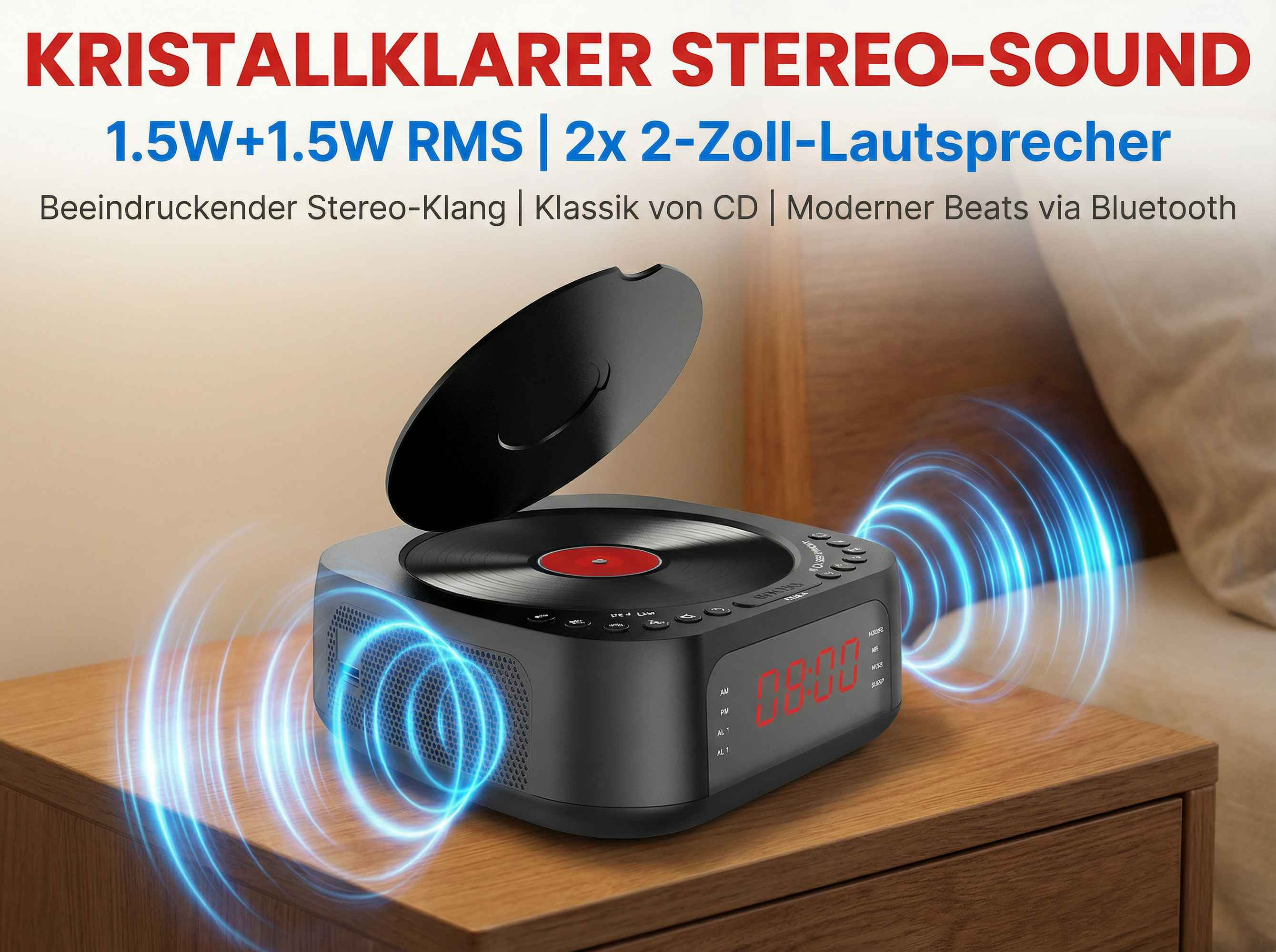 Schwarzer CD-Player mit Plattenspieler und roten Ziffern auf Nachttisch.