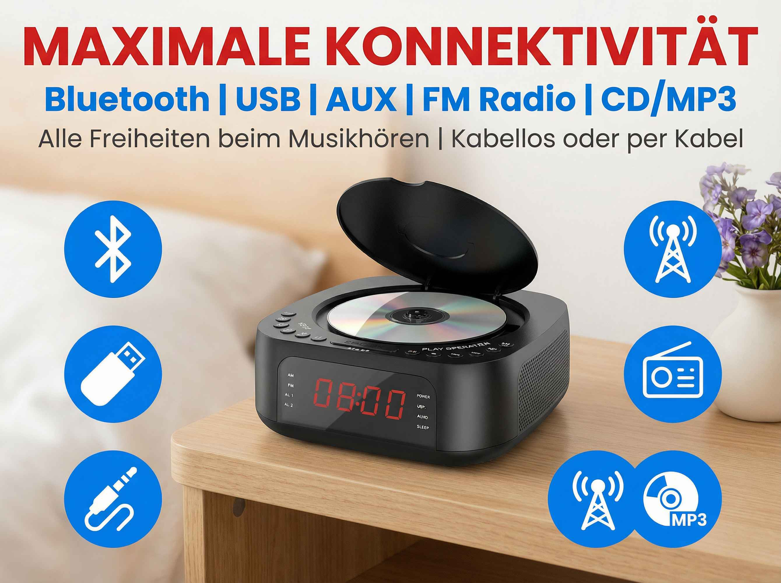 Ein CD-Player mit Radio, Uhrenanzeige und Konnektivitätssymbolen.