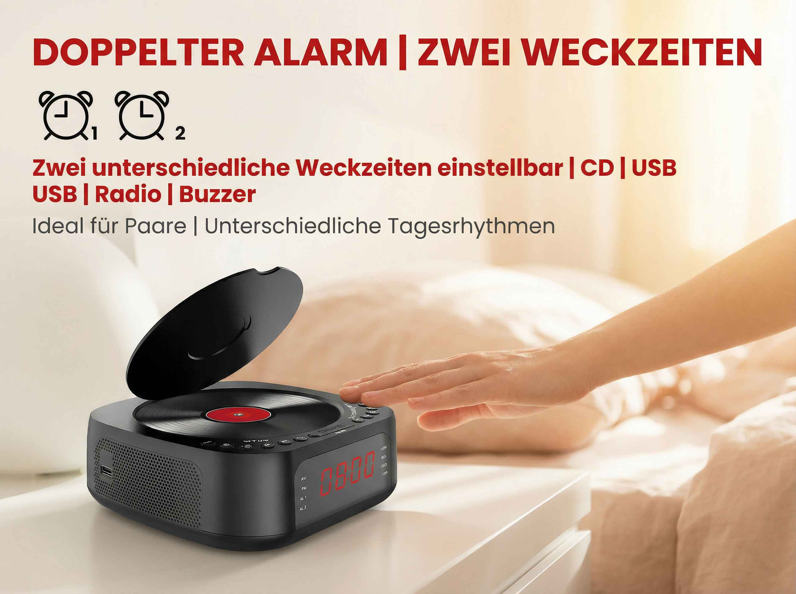 Ein schwarzer Radiowecker mit CD-Player, auf dem eine Schallplatte liegt.