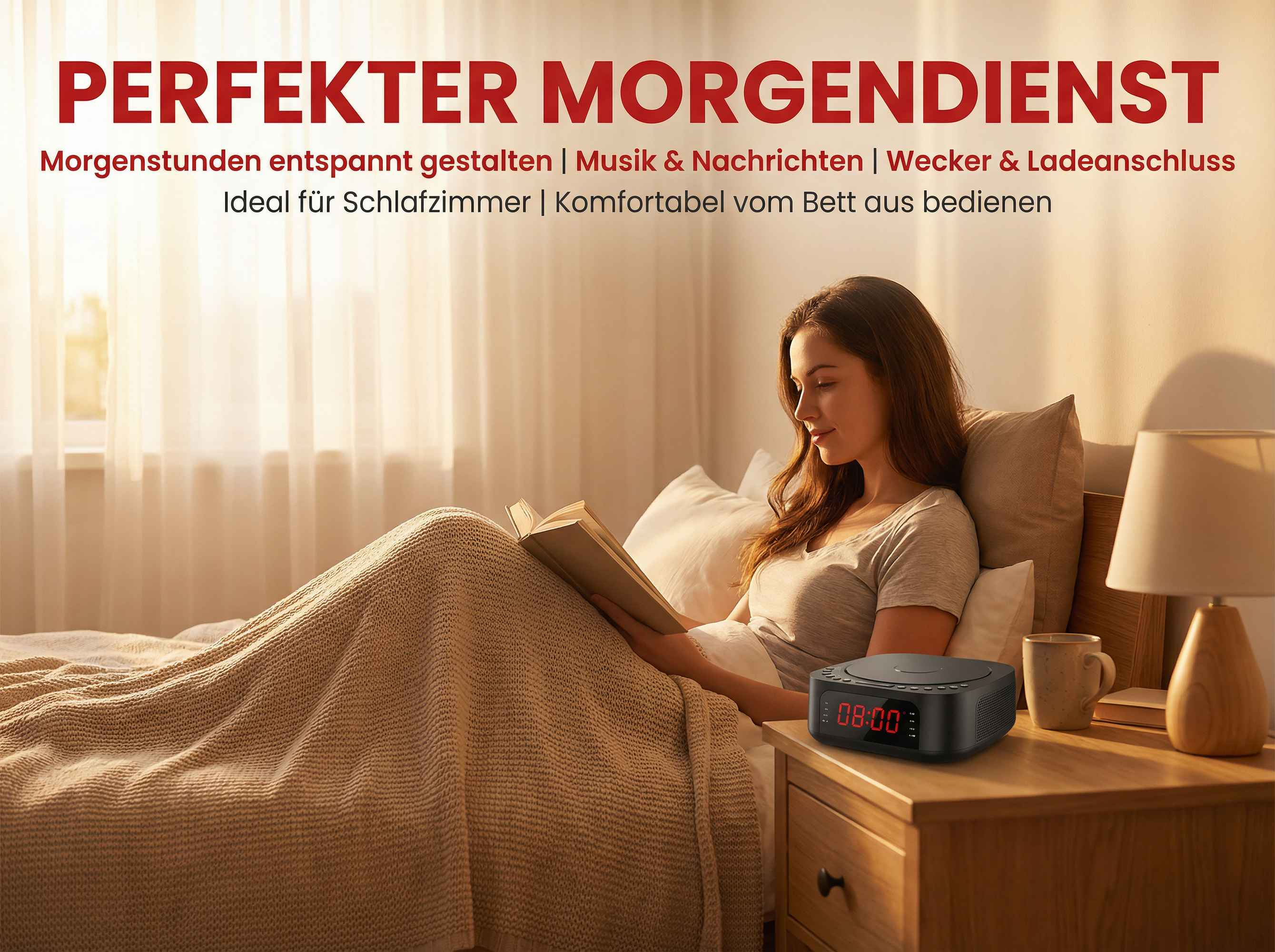 Frau liest Buch im Bett neben Nachttisch mit Wecker und Lampe.