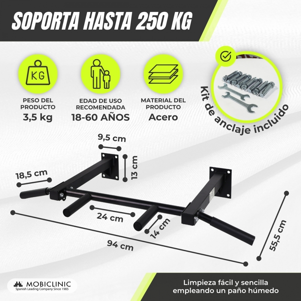 Barra de dominadas negra con medidas y accesorios. Soporta hasta 250 kg.