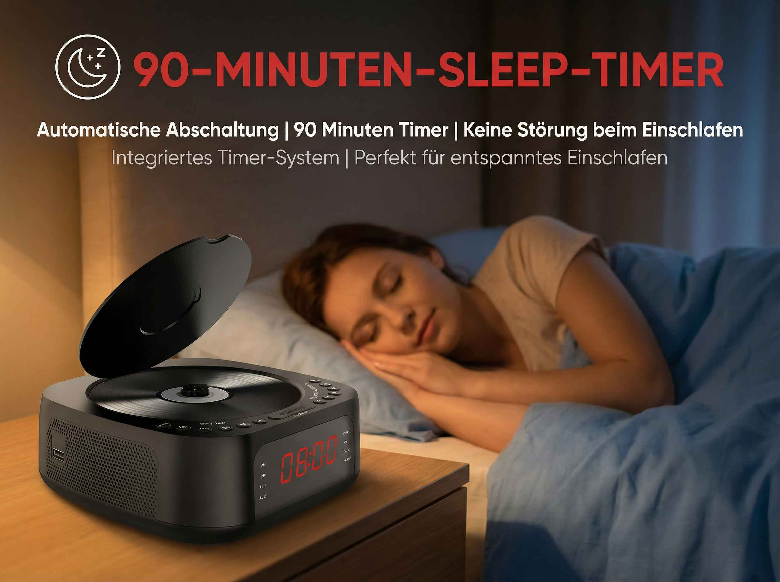 CD-Player mit Timer und digitaler Uhr daneben schläft eine Frau.