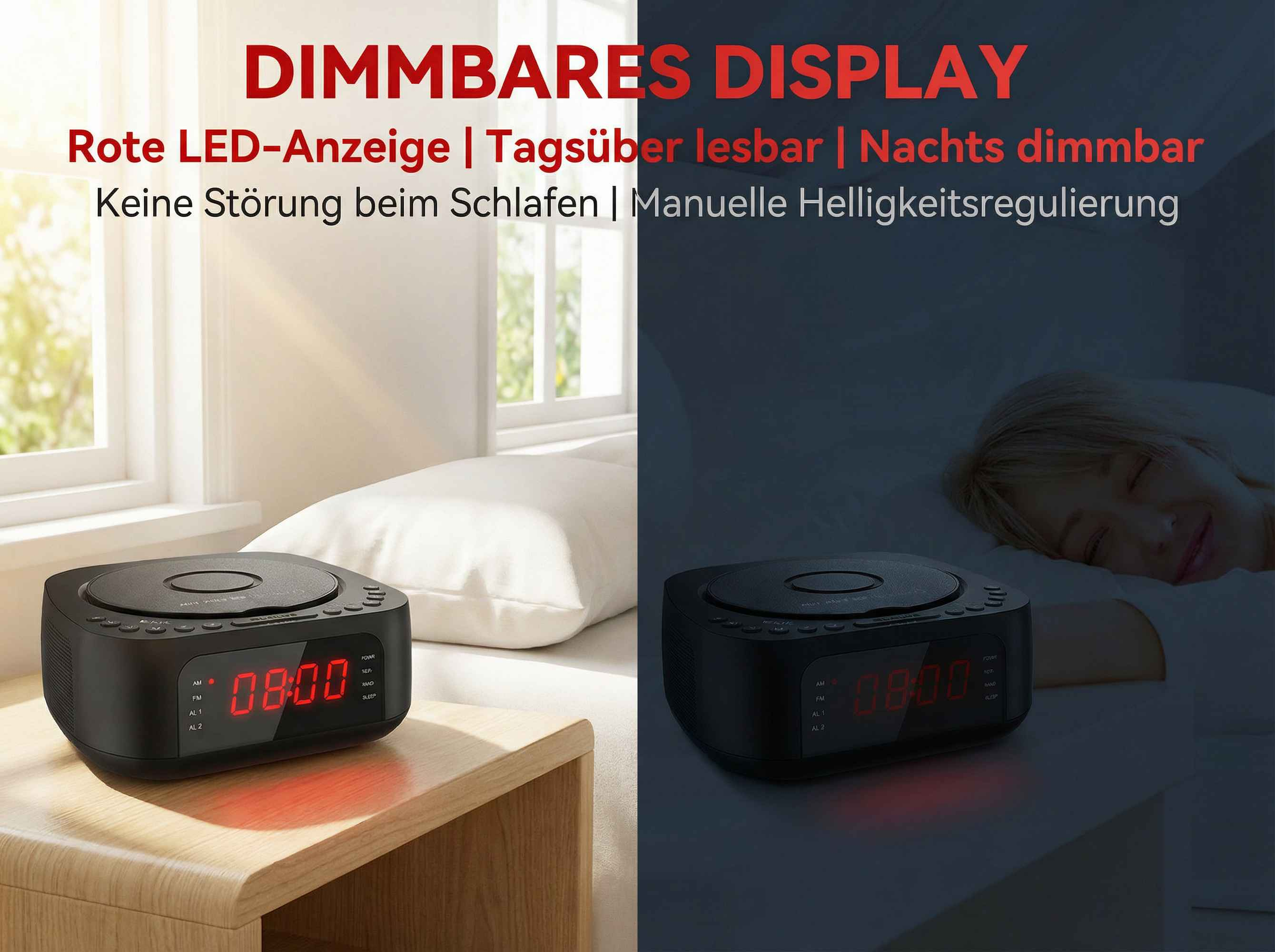 Digitaler Wecker mit CD-Player zeigt 08:00 an, bei Tag und Nacht.