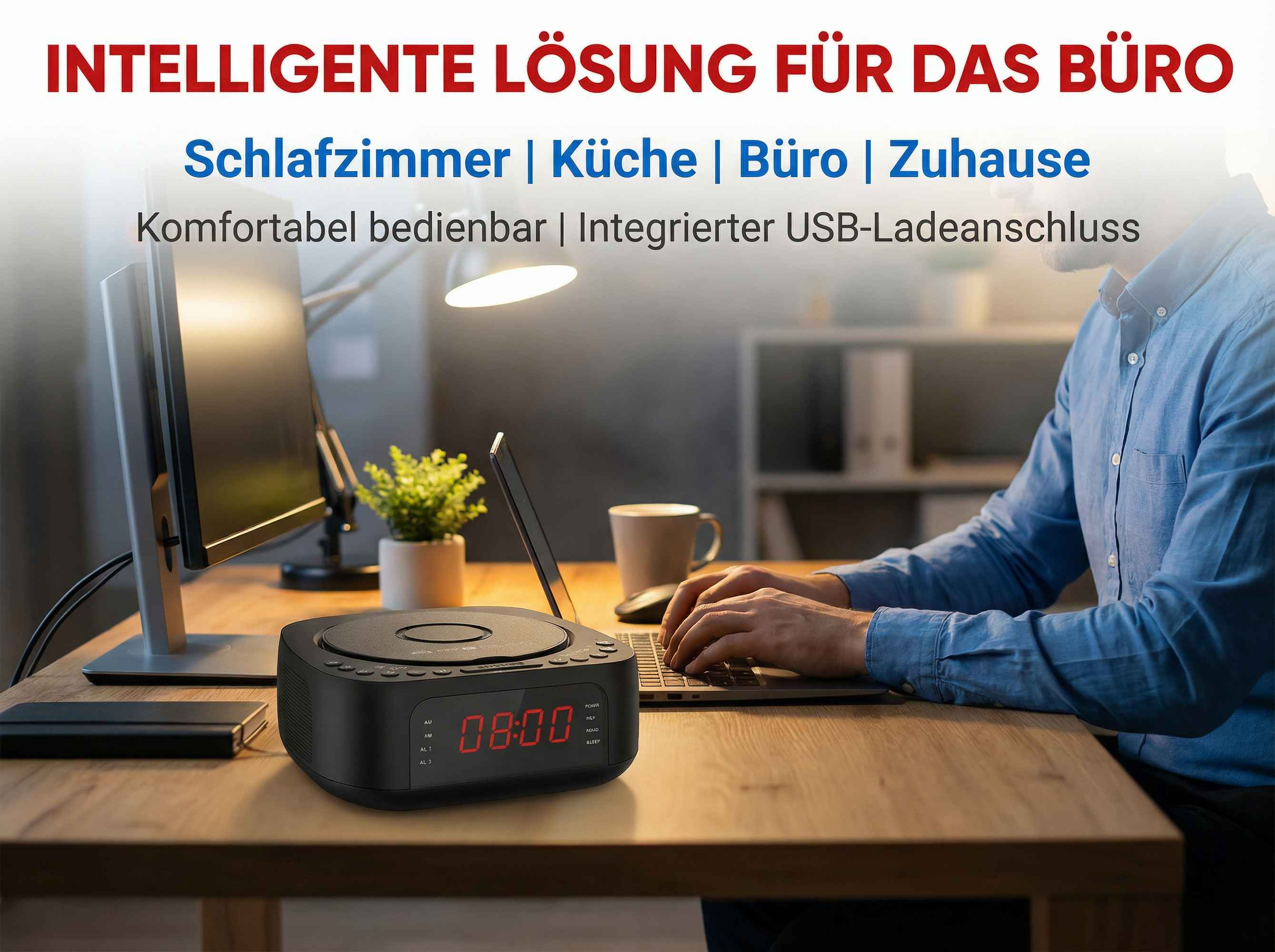 Mann am Schreibtisch arbeitet, CD-Player mit Uhrzeit 08:00.