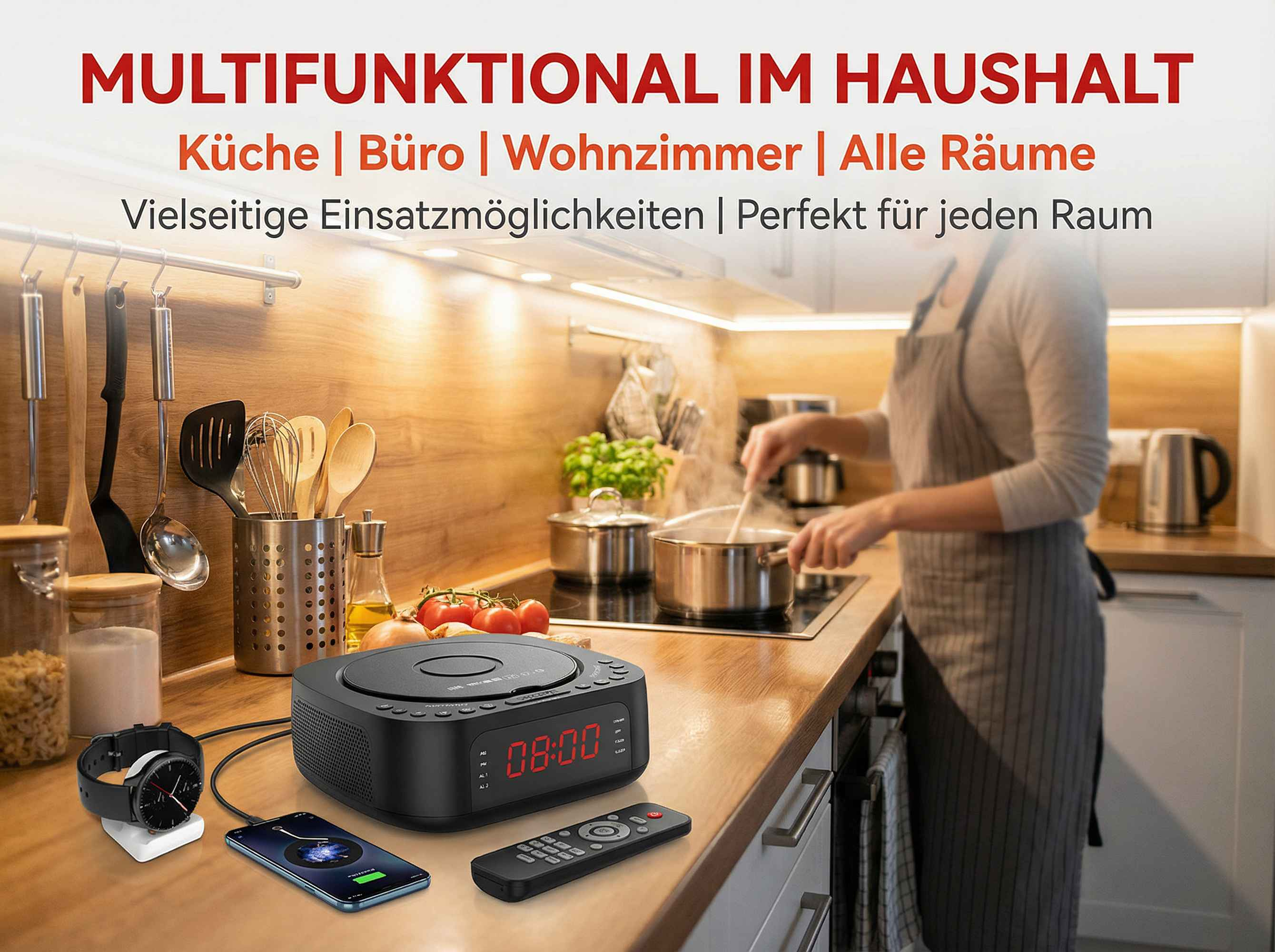 Küche mit Kochutensilien, Uhr, Smartphone, Fernbedienung und Kochtopf.