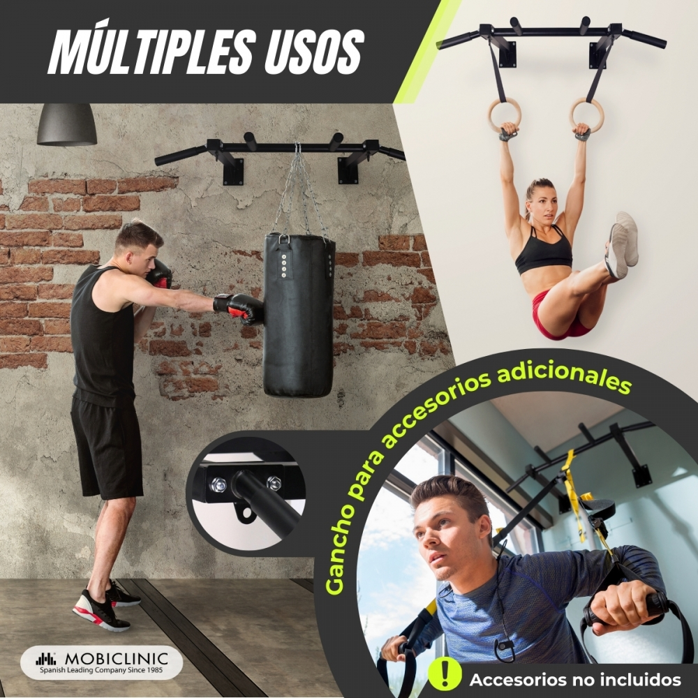 Hombre boxea, mujer cuelga de anillas, hombre entrena con cuerdas. Equipo multiusos.
