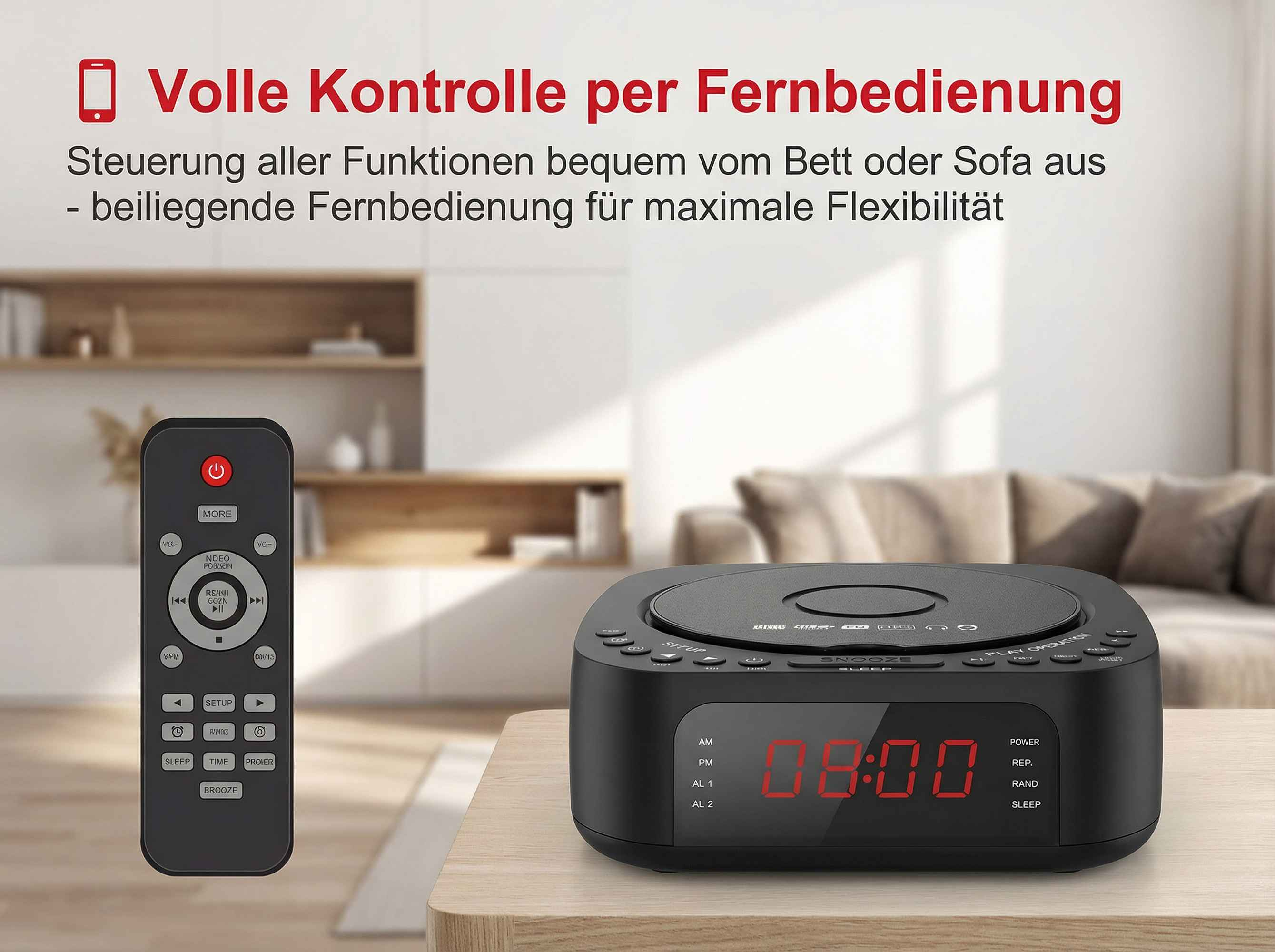 Ein schwarzer CD-Player mit Wecker und Fernbedienung steht auf einem Holztisch.