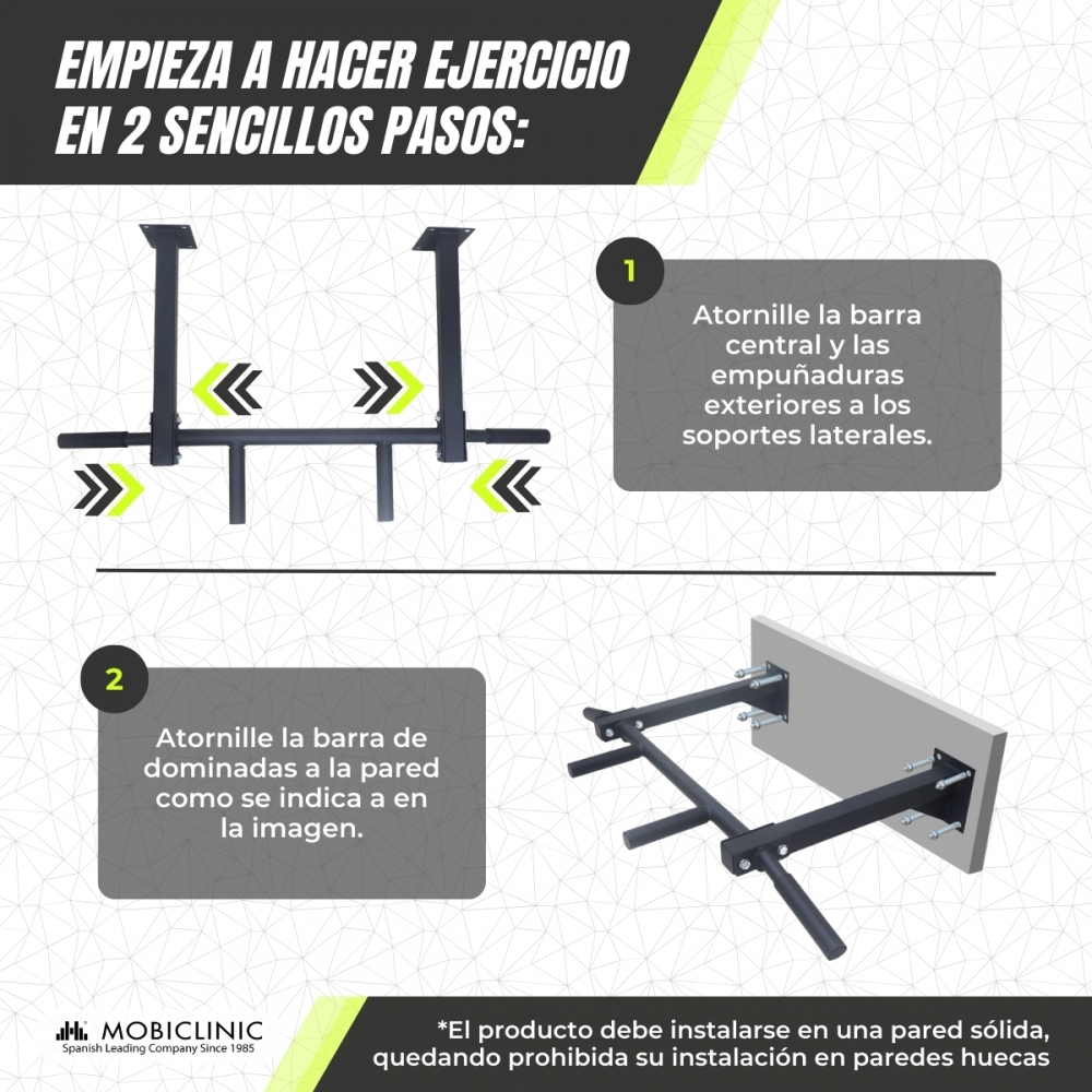 Instrucciones para montar una barra de dominadas. Paso 1: Fijar barra central y agarres. Paso 2: Montar en pared.