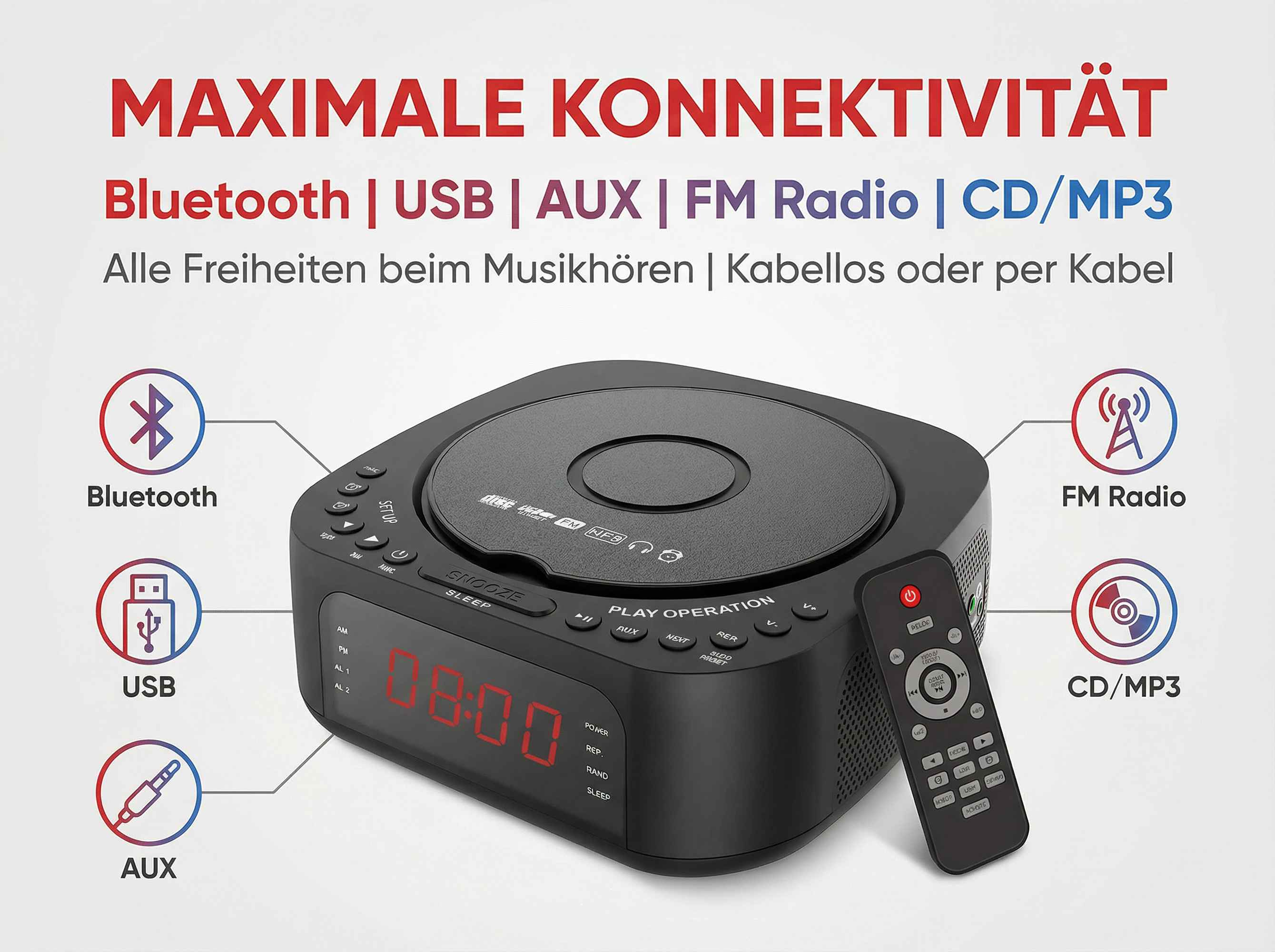 Ein schwarzer CD-Player-Wecker mit Fernbedienung und Symbolen für Bluetooth, USB, AUX.