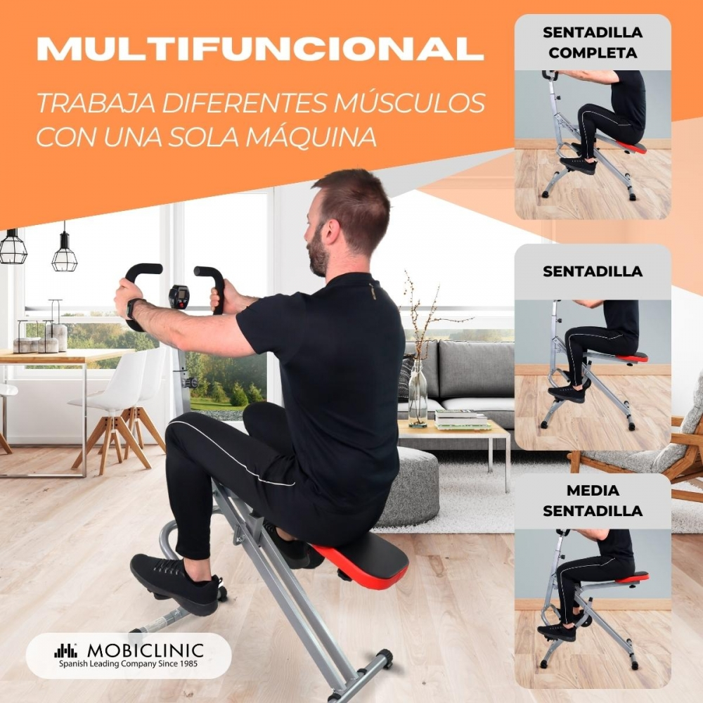 Hombre entrenando en máquina multifuncional. Se muestran tres ejercicios.